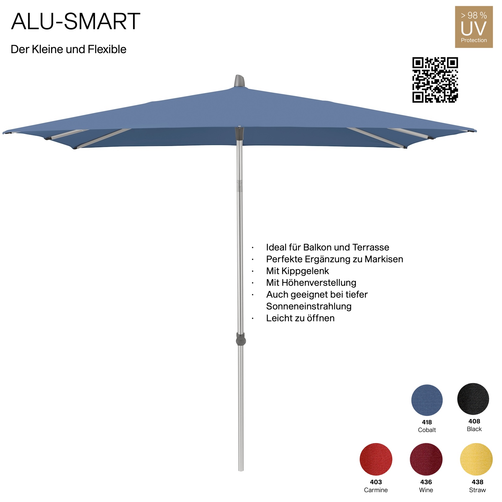 GLATZ Sonnenschirm ALU-SMART 210 x 150 cm Gestell natureloxiert Farbe 418 Cobalt