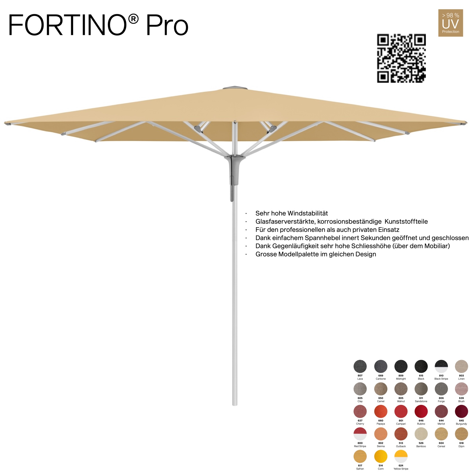 GLATZ Sonnenschirm FORTINO® Pro quadratisch 200 x 200 cm 100 % Polyacryl in 27 Farbvarianten