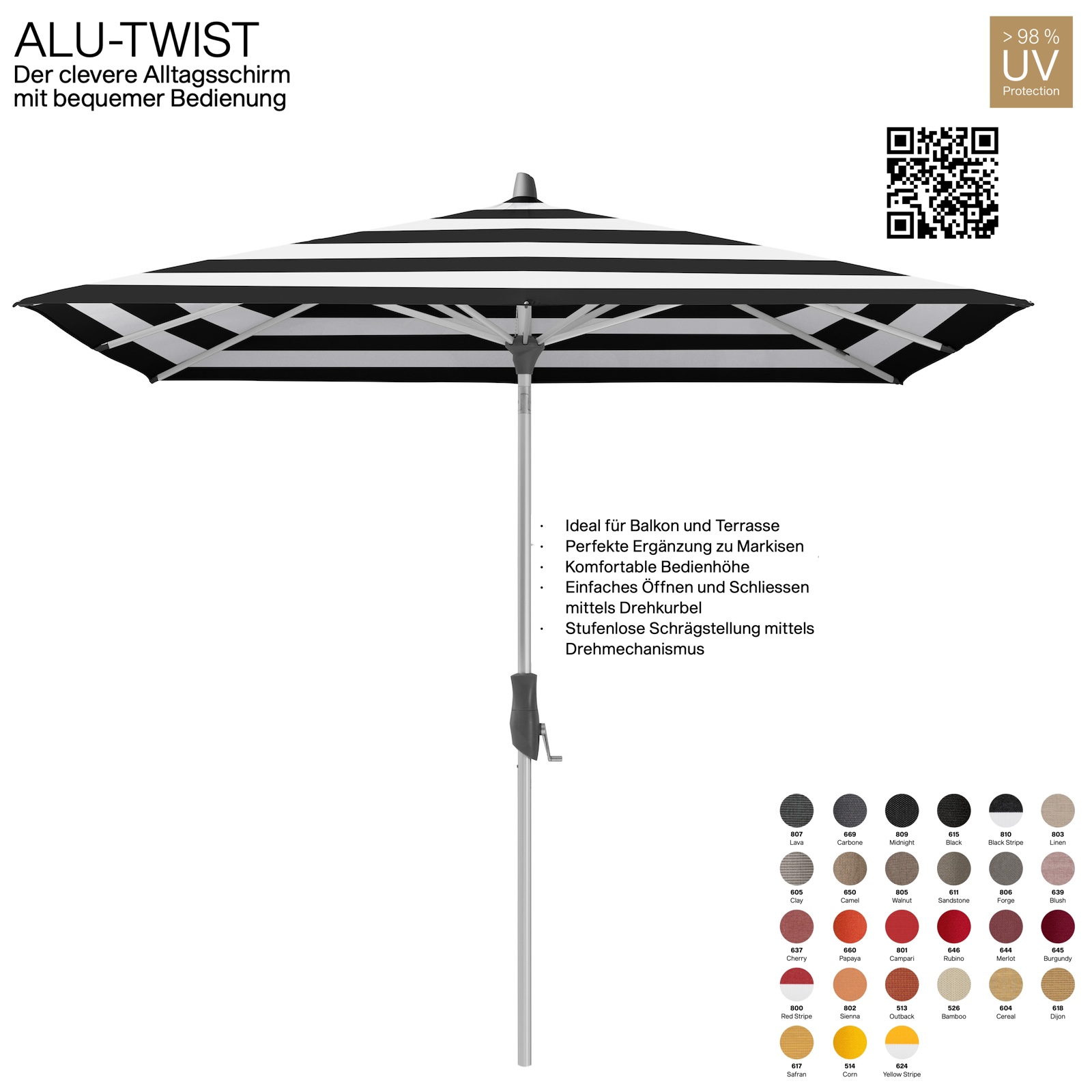 GLATZ Sonnenschirm ALU-TWIST quadratisch 240 x 240 cm Gestell natureloxiert Stoff 100 % Polyacryl verschiedene Farben
