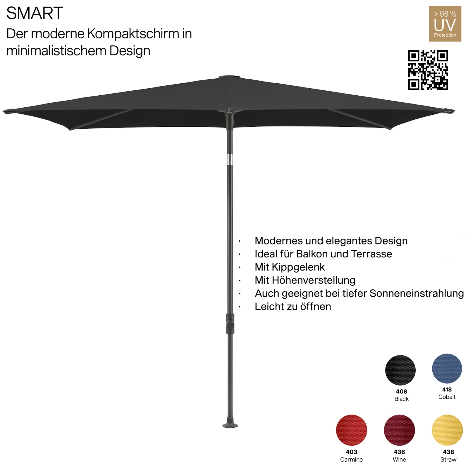 GLATZ Sonnenschirm SMART quadratisch 200 x 200 cm Gestell anthrazit in 5 Farbvarianten Mittelmastschirm