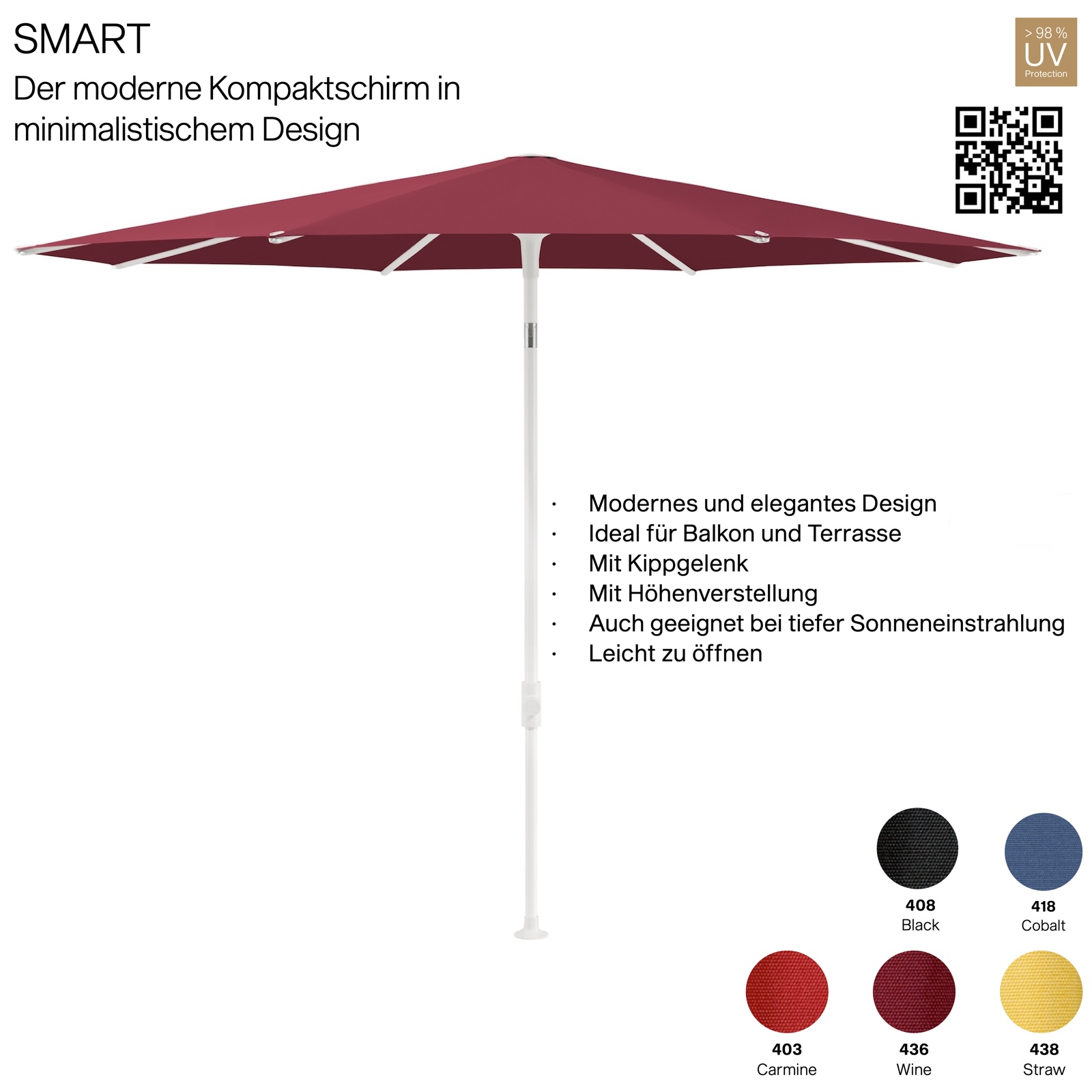 GLATZ Sonnenschirm SMART rund ø 200 cm Gestell matt weiss in 5 Farbvarianten Mittelmastschirm