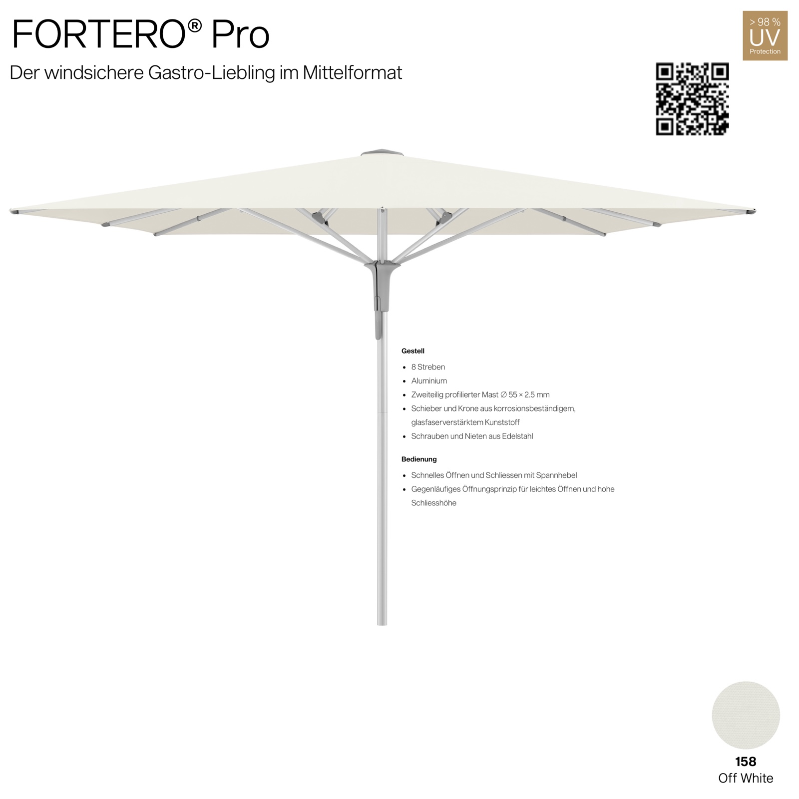 GLATZ Sonnenschirm FORTERO® Pro quadratisch 350 x 350 cm Farbe 158 Off White Mittelmastschirm