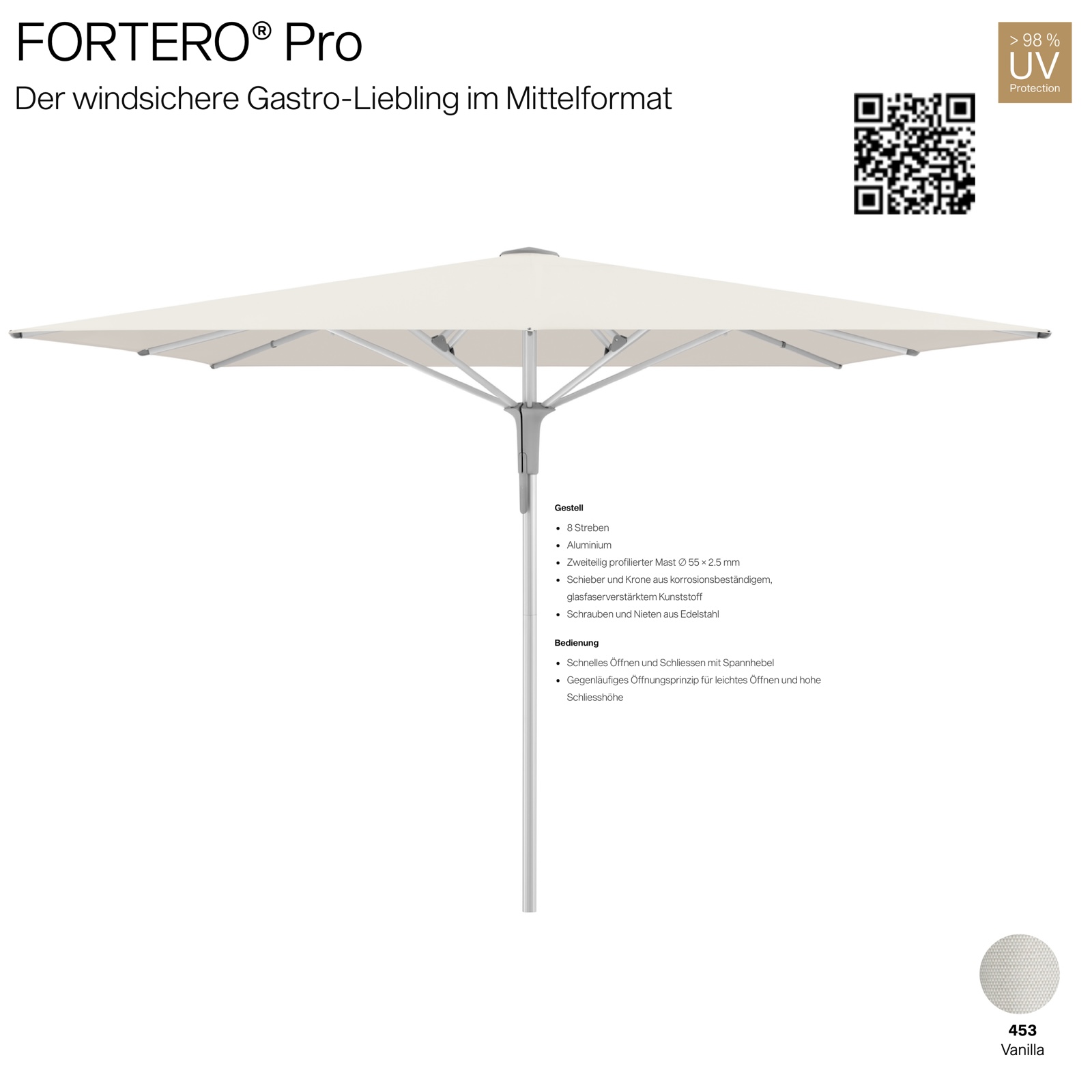 GLATZ Sonnenschirm FORTERO® Pro quadratisch 350 x 350 cm Farbe 453 Vanilla Mittelmastschirm