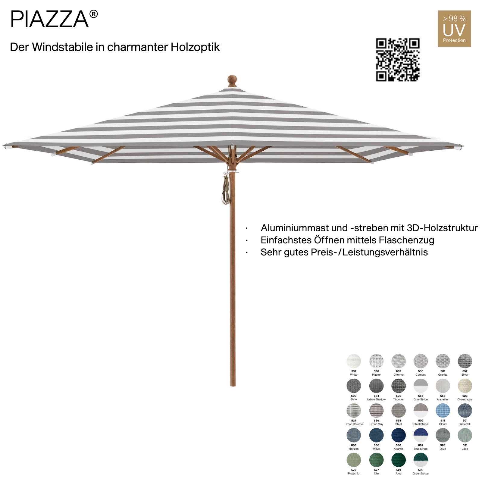 GLATZ Sonnenschirm PIAZZA quadratisch mit 250 x 250 cm Mittelmastschirm 100 % Polyacryl 28 Farbvarianten