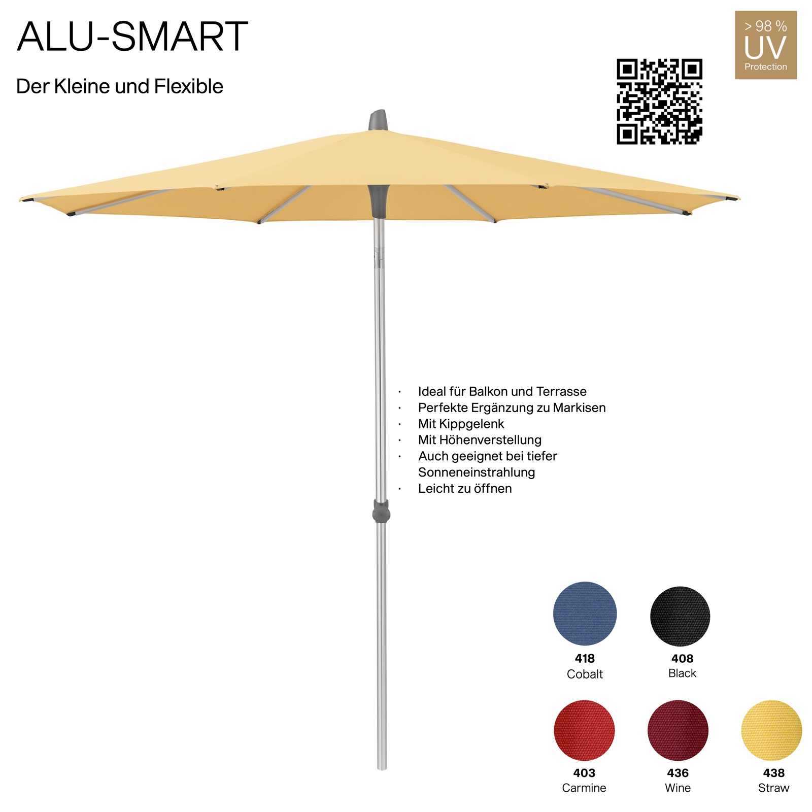 GLATZ Sonnenschirm ALU-SMART rund ø 200 cm Gestell natureloxiert Mittelmast in 5 Farben