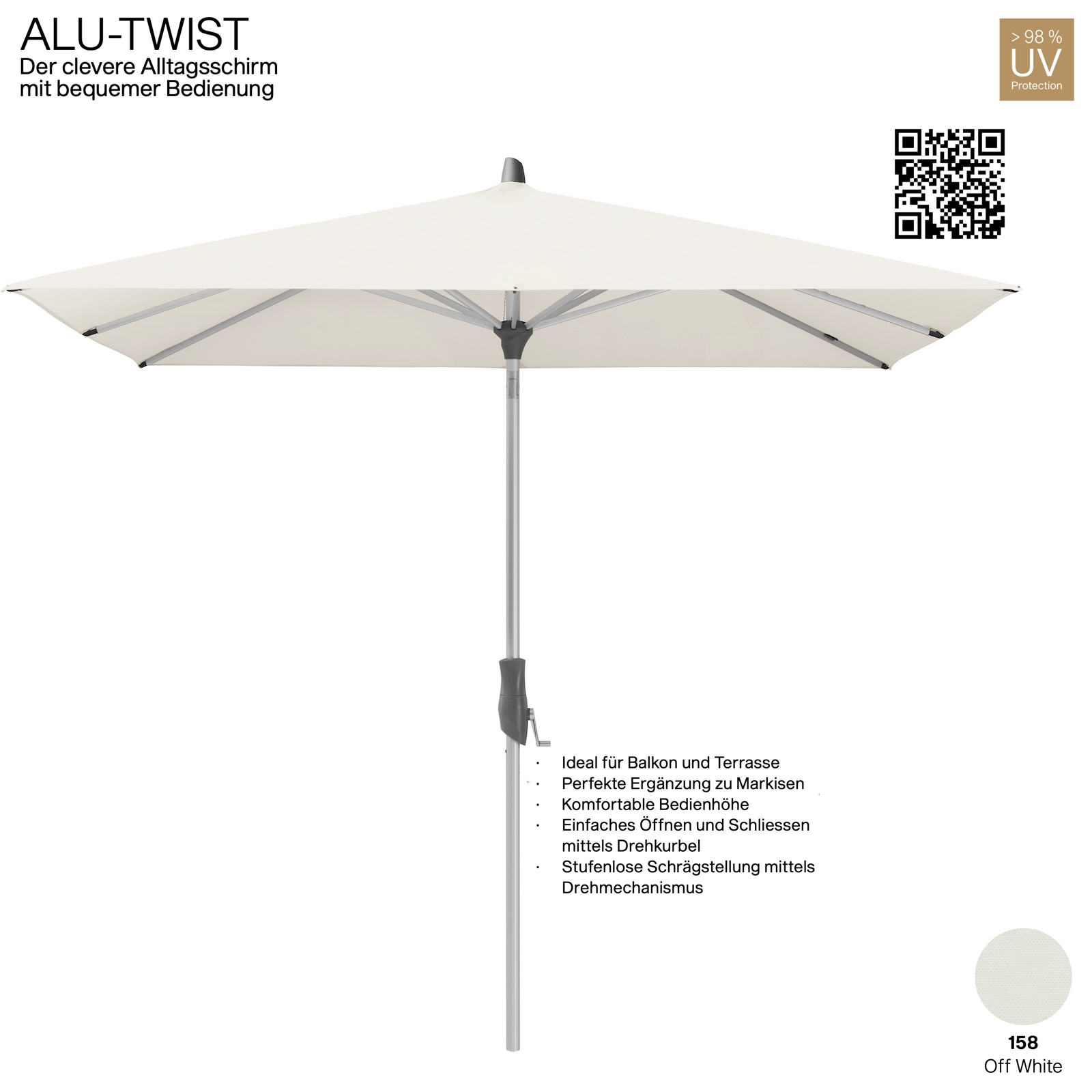 GLATZ Sonnenschirm ALU-TWIST rechteckig 250 x 200 cm Stoffqualität 2 Farbe 158 Off White Mittelstock