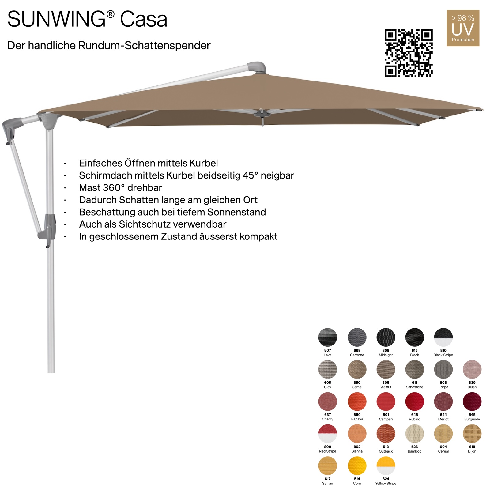 GLATZ Sonnenschirm SUNWING® CASA quadratisch 270 x 270 cm Gestell natureloxiert in 26 Farbvarianten