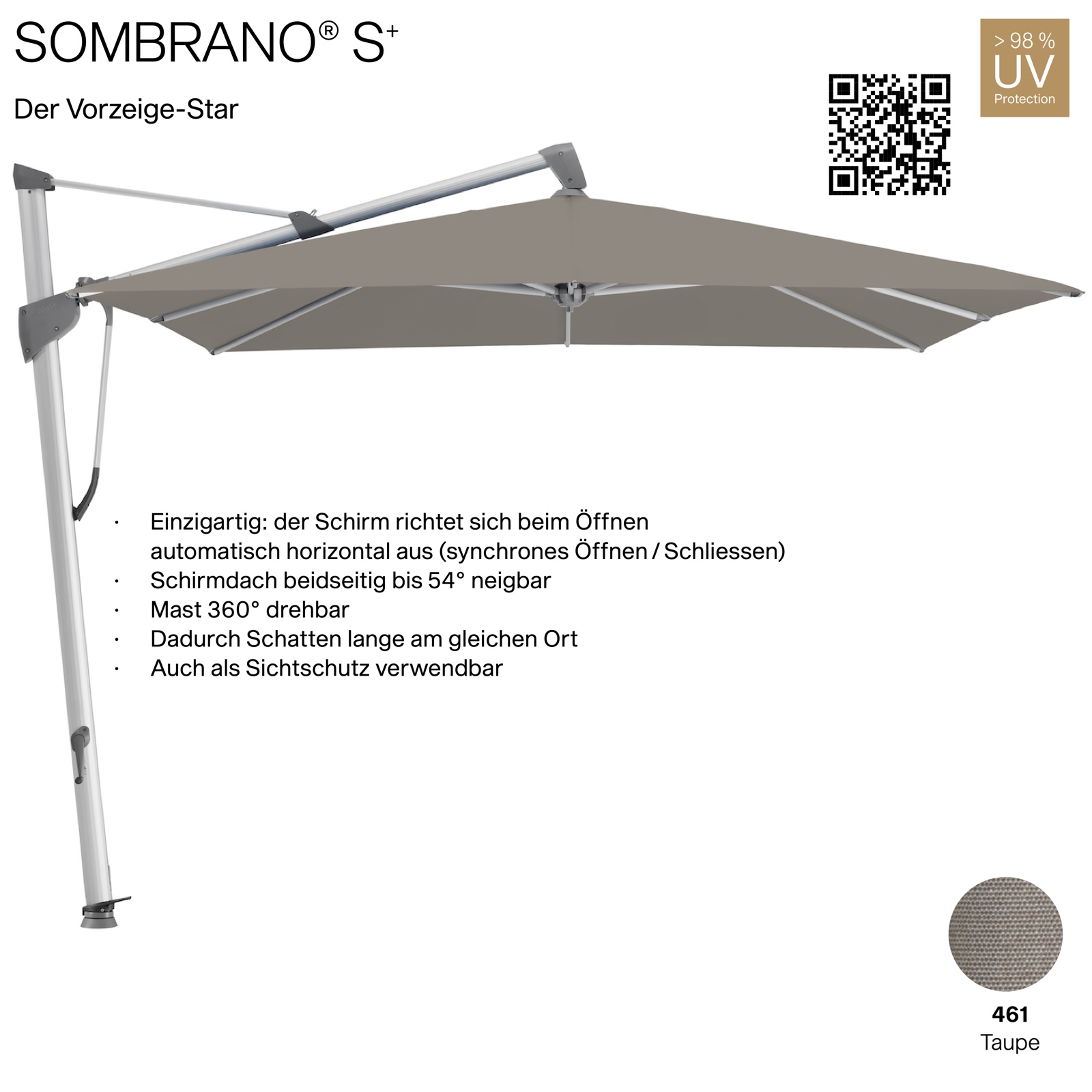GLATZ Ampelschirm SOMBRANO® S+ quadratisch 300 x 300 cm Freiarmschirm Farbe 461 Taupe