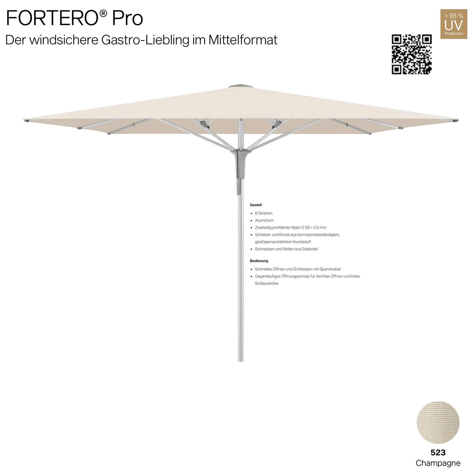 GLATZ Sonnenschirm FORTERO® Pro quadratisch 350 x 350 cm Farbe 523 Champagne 100 % Polyacryl Mittelstock