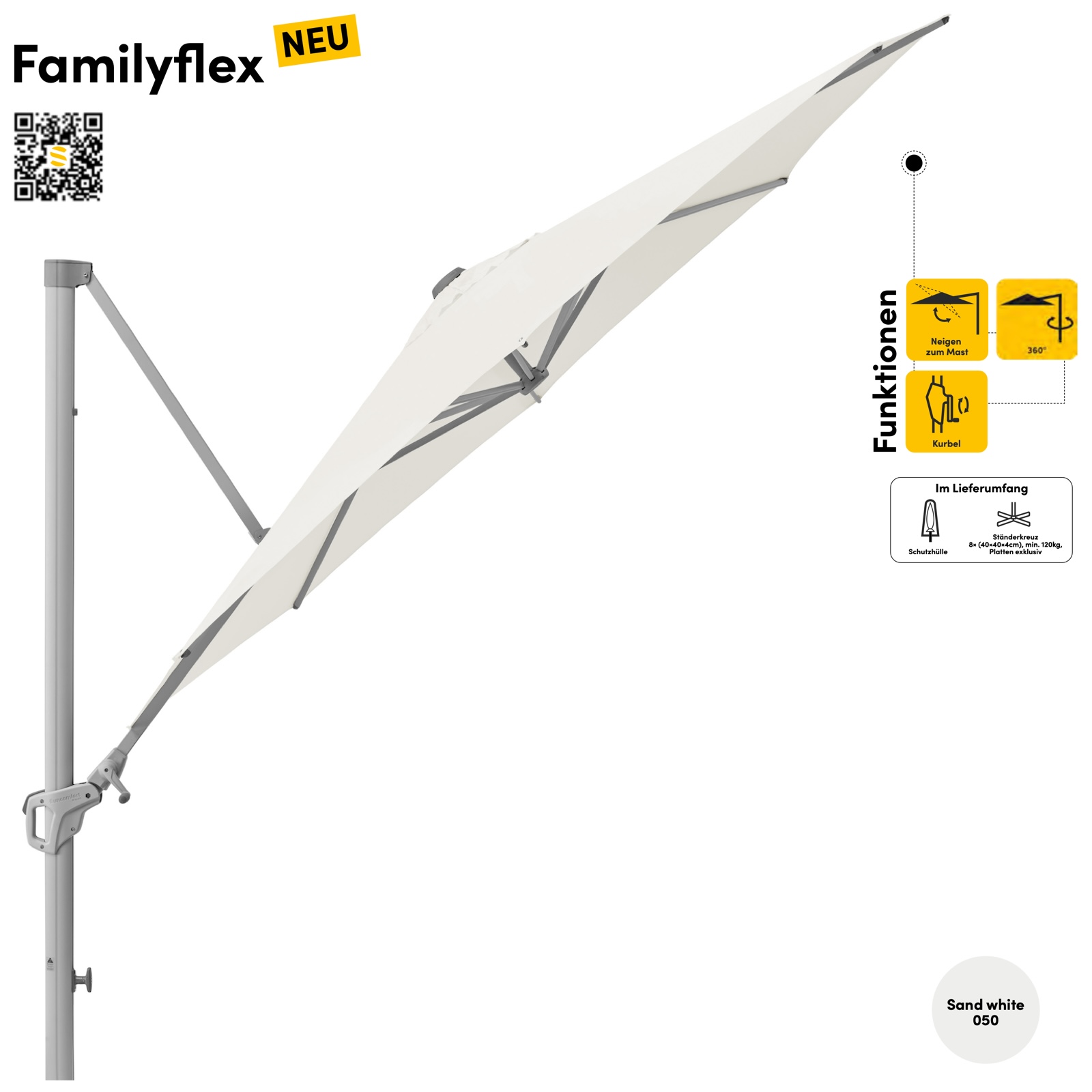 Sonnenschirm SUNCOMFORT® by Glatz Familyflex rund ø 300 cm Seitenmastschirm Sand White 050