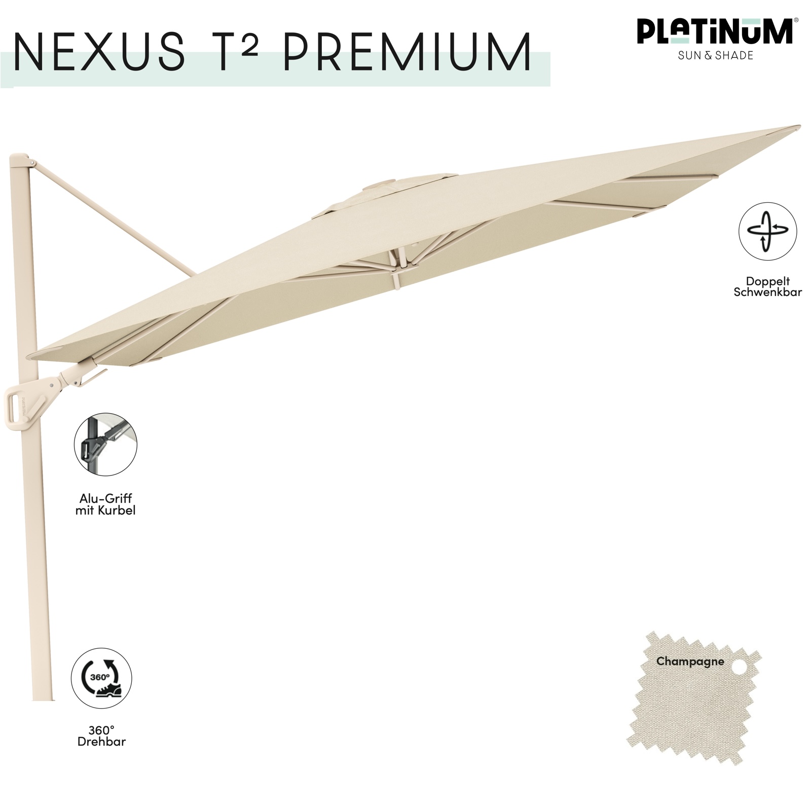 Platinum Nexus T² Premium Ampelschirm quadratisch 300 x 300 cm Freiarmschirm Champagne