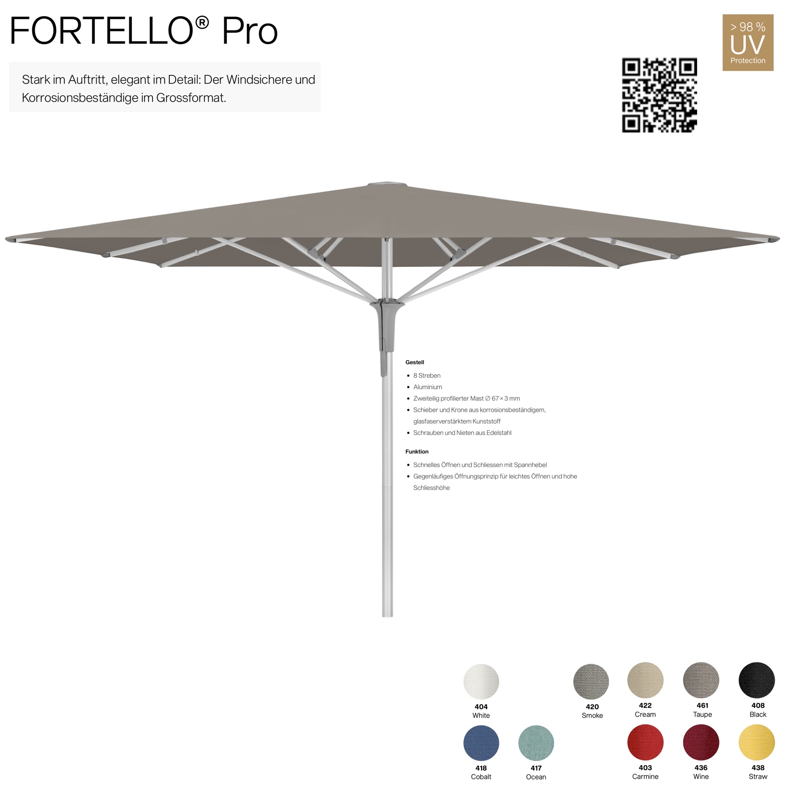 GLATZ Sonnenschirm FORTELLO® Pro quadratisch 350 x 350 cm Mittelmastschirm in 10 Farbvarianten