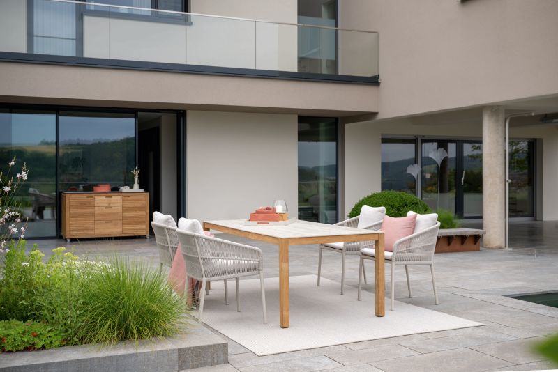 Stern Tisch 200x100 cm Teak Tischplatte Dekton Sediment beige