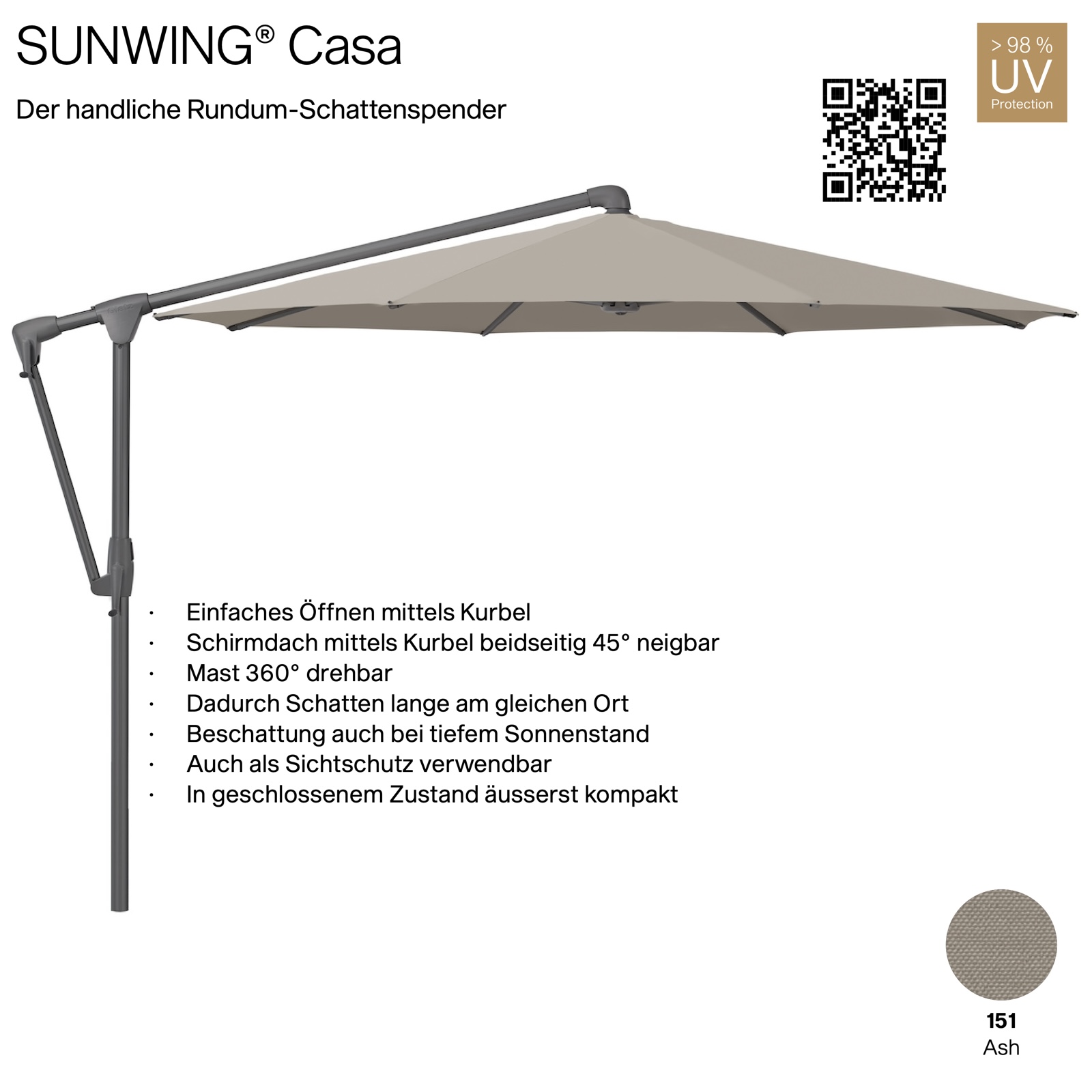 GLATZ Sonnenschirm SUNWING® CASA rund ø 300 cm Gestell anthrazit Farbe 151 Ash Ampelschirm