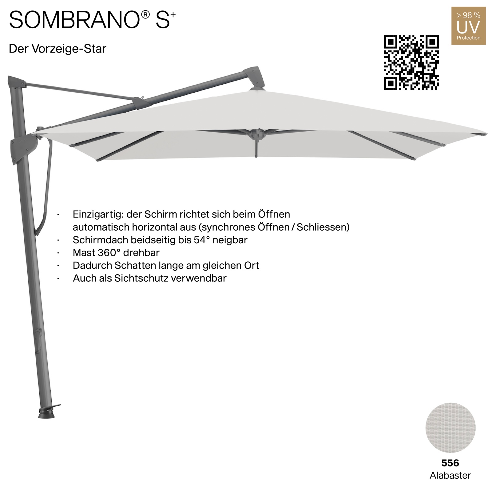 GLATZ Ampelschirm SOMBRANO® S+ quadratisch 300 x 300 cm Freiarmschirm Farbe 556 Alabaster