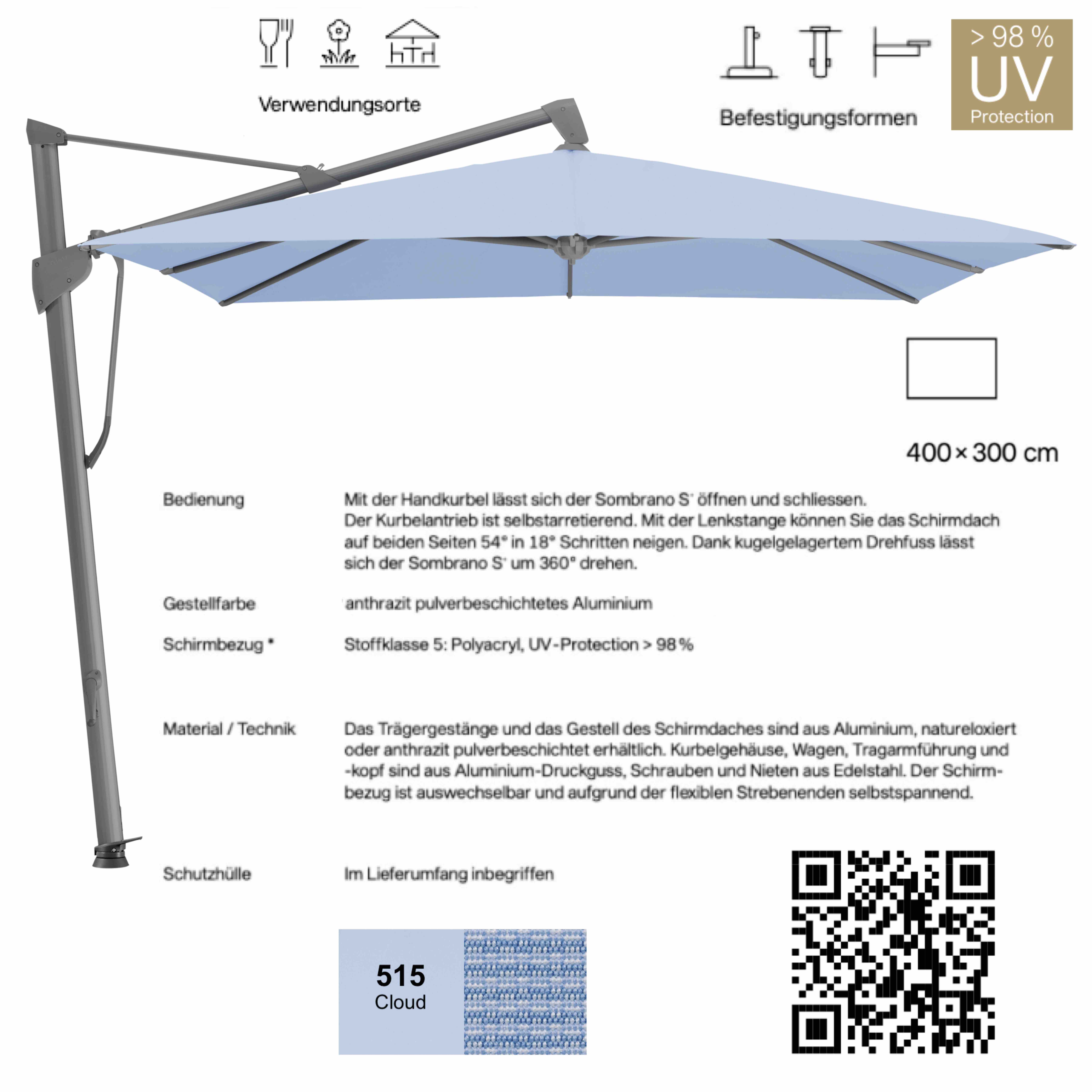 GLATZ Ampelschirm SOMBRANO® S+ rechteckig 400 x 300 Farbe 515 Cloud Sonnenschirm Stoffklasse 5 GLATZ Ampelschirm SOMBRANO® S+ rechteckig 400 x 300 Farbe 515 Cloud Sonnenschirm Stoffklasse 5