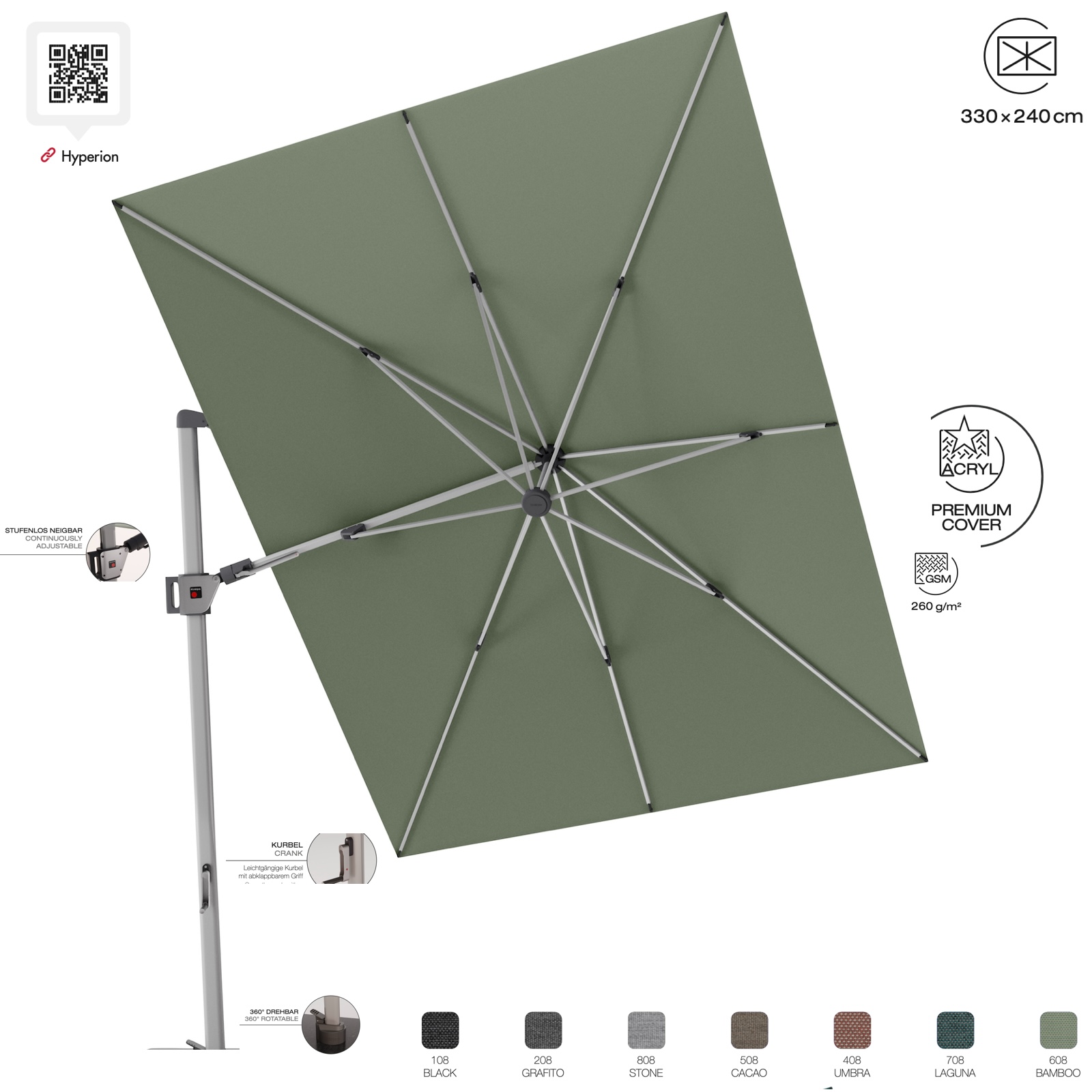KNIRPS Hyperion Prestige Ampelschirm 330 x 240 cm Sonnenschirm Pendelschirm 7 Farbvarianten