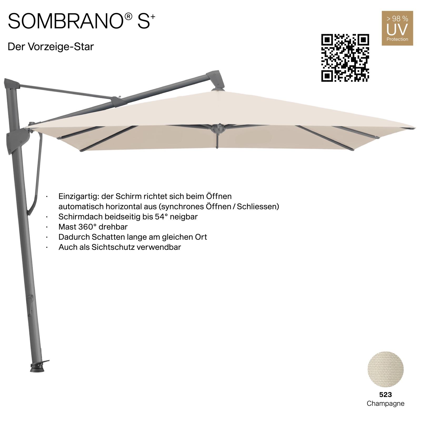 GLATZ Ampelschirm SOMBRANO® S+ quadratisch 300 x 300 cm Freiarmschirm Farbe 523 Champagne