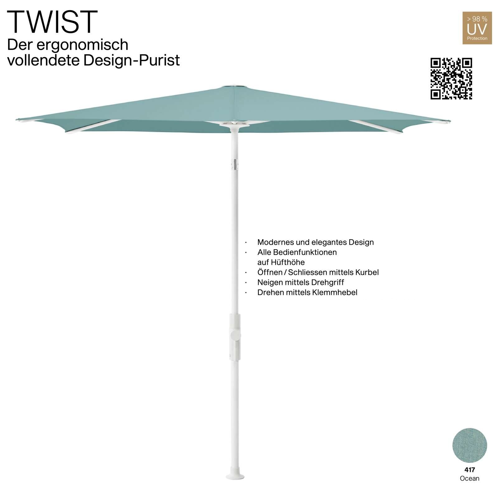 GLATZ Sonnenschirm TWIST 250 x 200 cm Gestell matt weiss Stoff Farbe 417 Ocean Mittelmastschirm