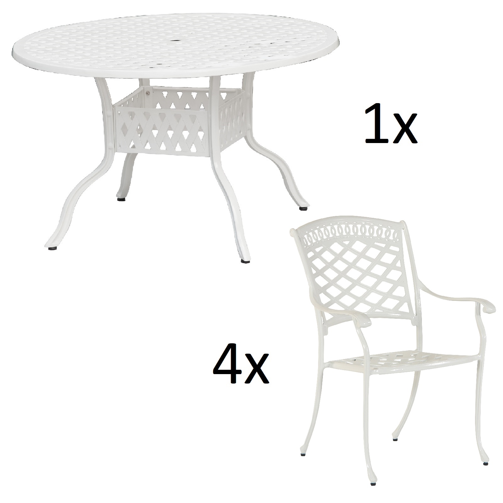 Inko 5-teilige Sitzgruppe Aluminium Guss weiß Tisch Ø 120 cm mit 4 Sesseln