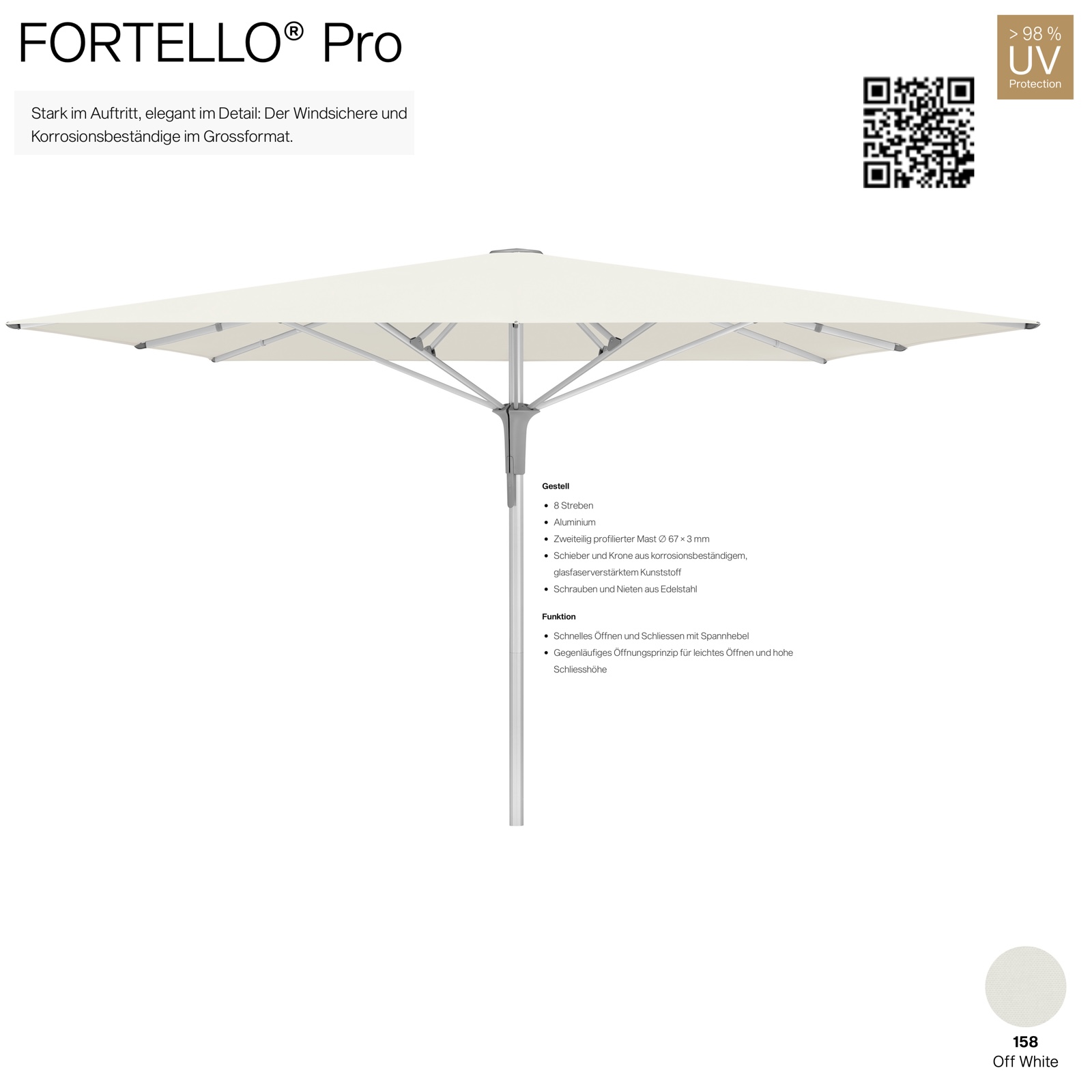 GLATZ Sonnenschirm FORTELLO® Pro quadratisch 400 x 400 cm Farbe 158 Off White Mittelmastschirm