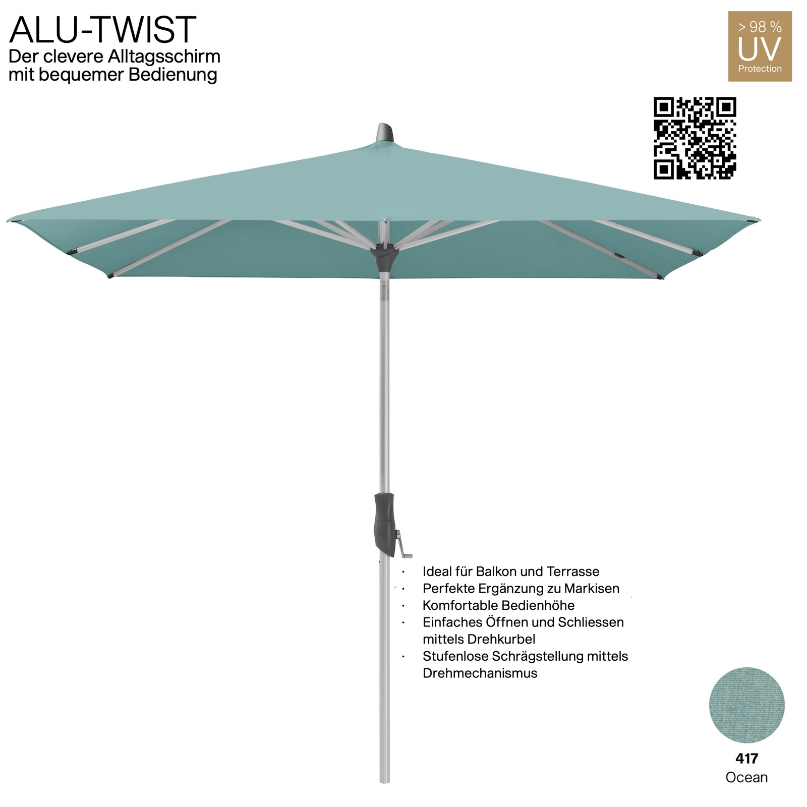 GLATZ Sonnenschirm ALU-TWIST quadratisch 240 x 240 cm Stoffqualität 4 Farbe 417 Ocean Mittelstock