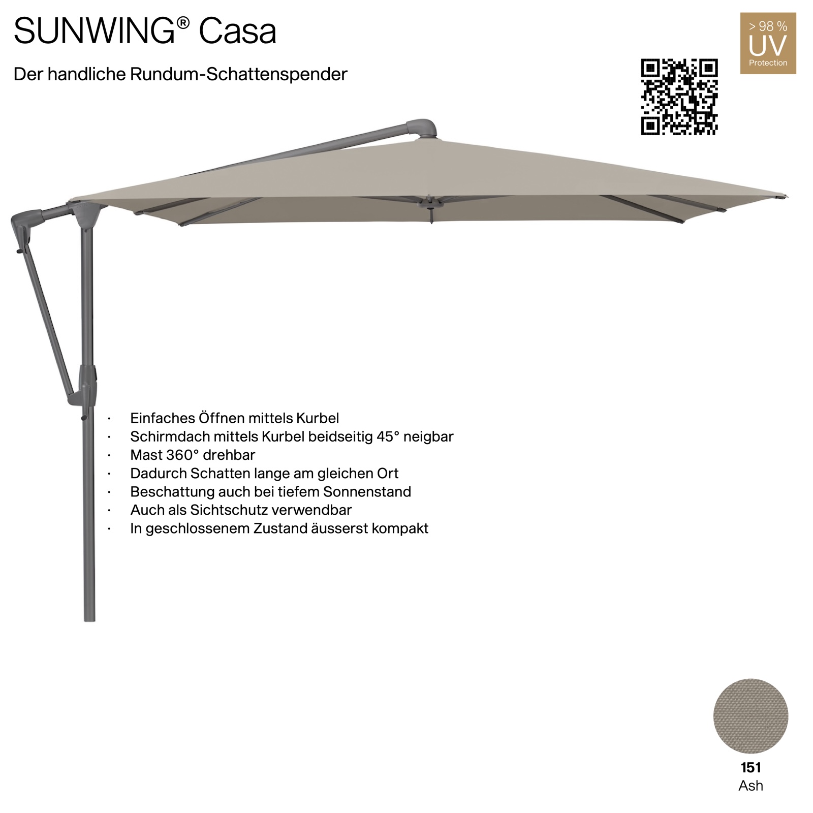 GLATZ Sonnenschirm SUNWING® CASA quadratisch 270 x 270 cm Gestell anthrazit Farbe 151 Ash Ampelschirm