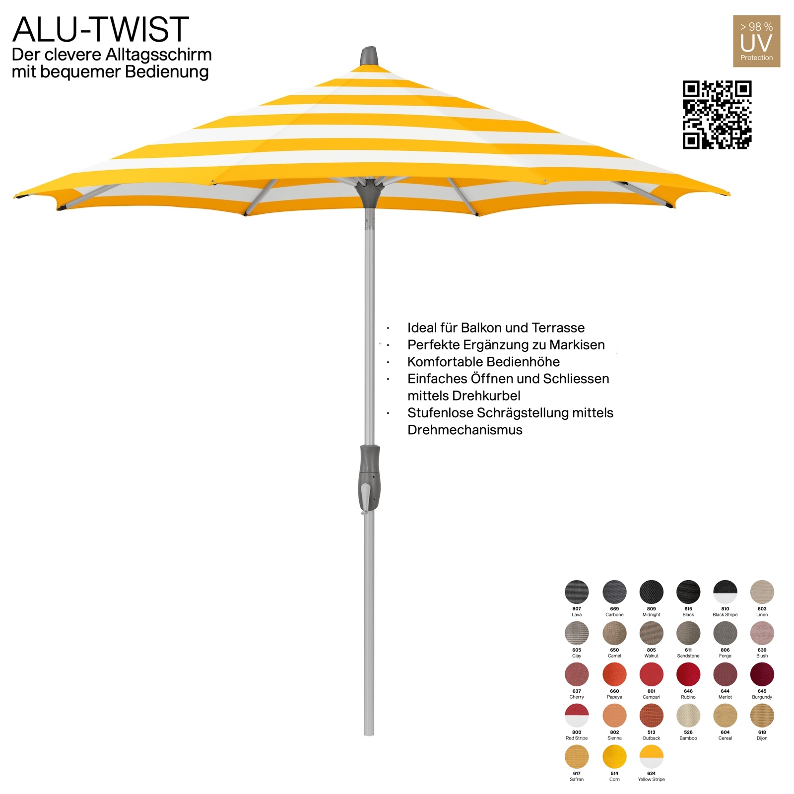 GLATZ Sonnenschirm ALU-TWIST rund ø 330 cm Gestell natureloxiert Stoff 100 % Polyacryl verschiedene Farben