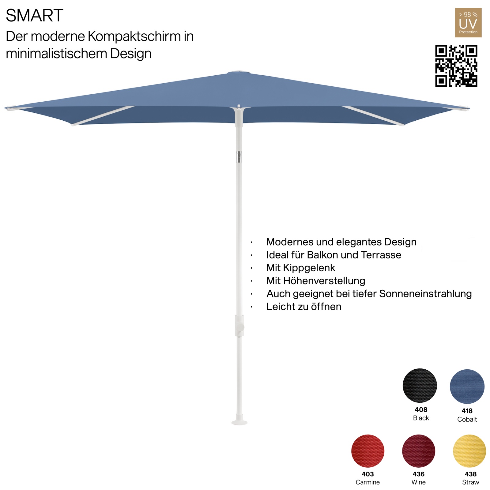 GLATZ Sonnenschirm SMART rechteckig 210 x 150 cm Gestell matt weiss in 5 Farbvarianten Mittelmastschirm