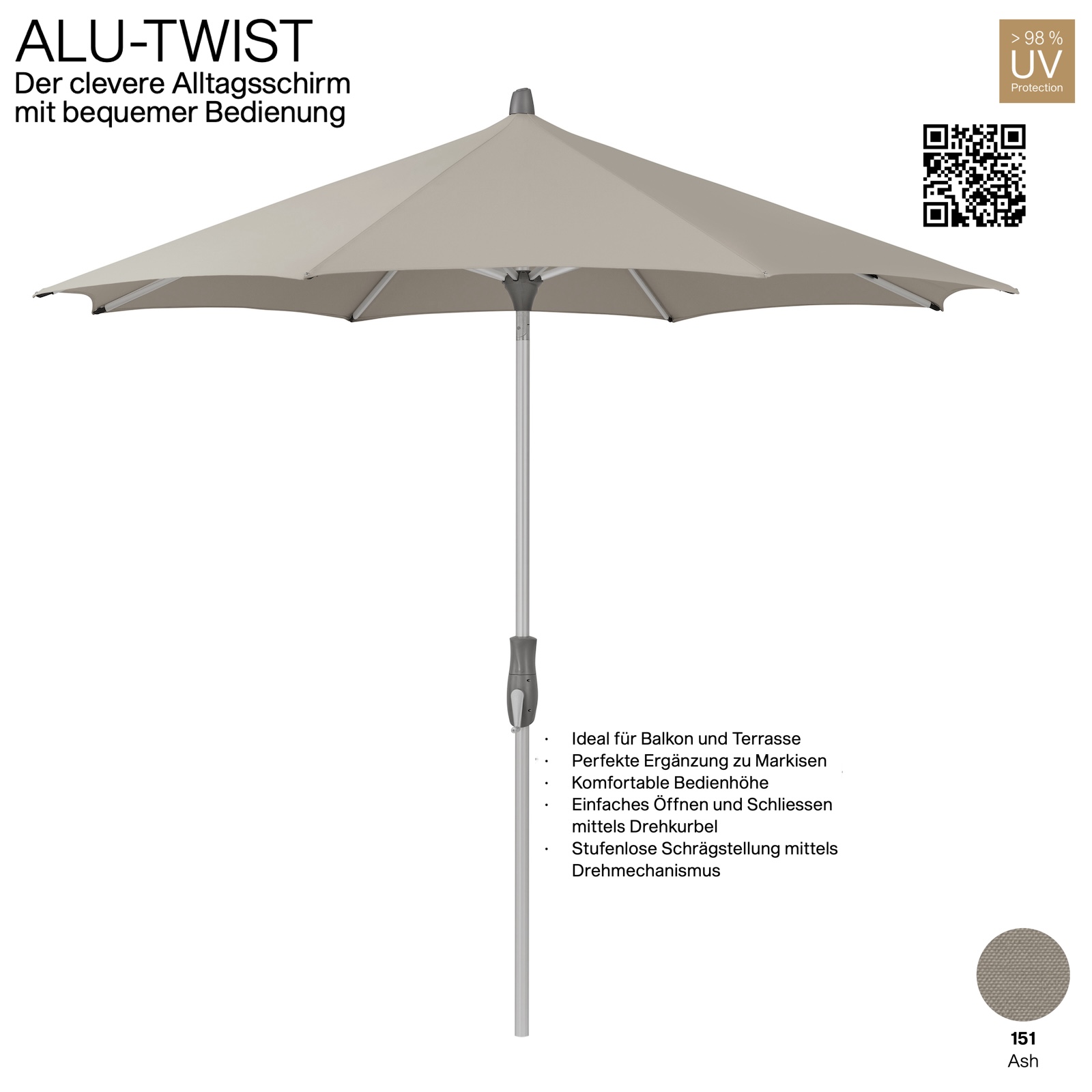 GLATZ Sonnenschirm ALU-TWIST rund ø 270 cm Stoffqualität 2 Farbe 151 Ash Auslaufartikel