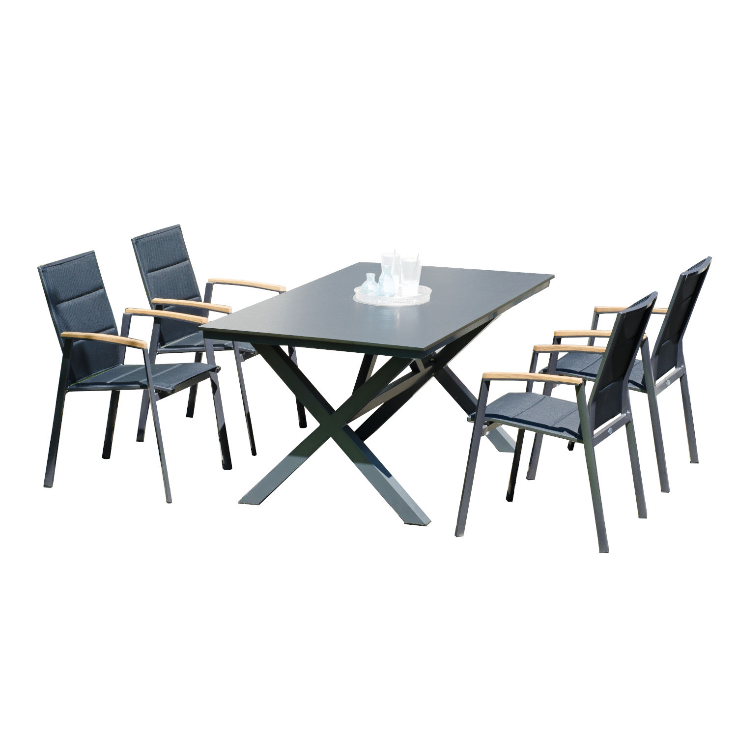 Sonnenpartner 5-teilige Sitzgruppe Sierra & Base-Spectra 160x90 cm mit 4 Stapelstühlen Aluminium anthrazit