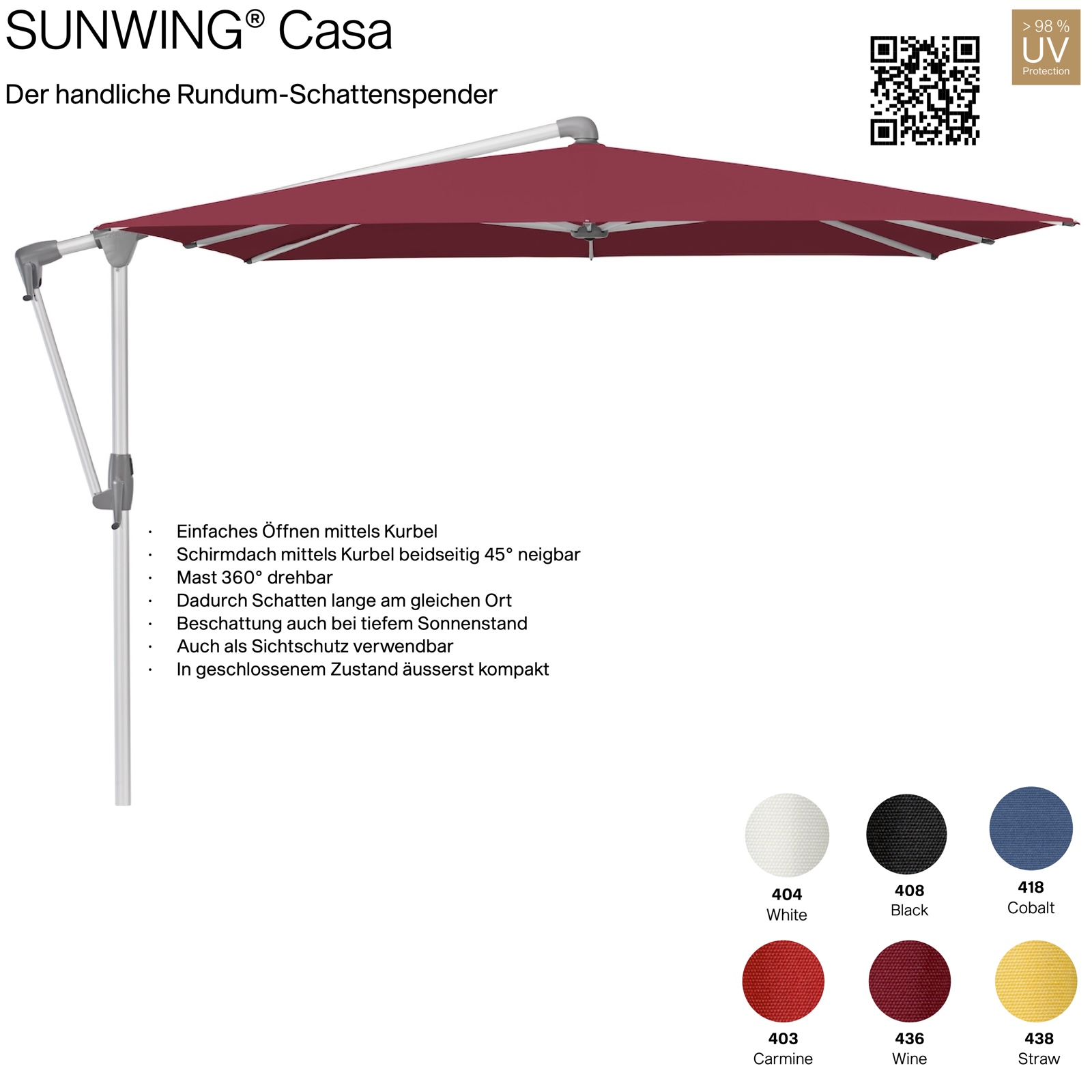 GLATZ Sonnenschirm SUNWING® CASA quadratisch 270 x 270 cm Gestell natureloxiert 6 Farbvarianten Ampelschirm