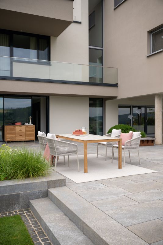Stern Tisch 200x100 cm Teak Tischplatte Dekton Sediment beige