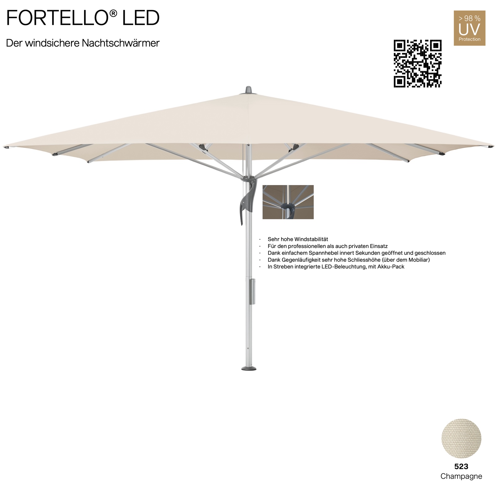 GLATZ Sonnenschirm FORTELLO® quadratisch 400 x 400 cm Farbe 523 Champagne 100 % Polyacryl inkl. Akku-Pack