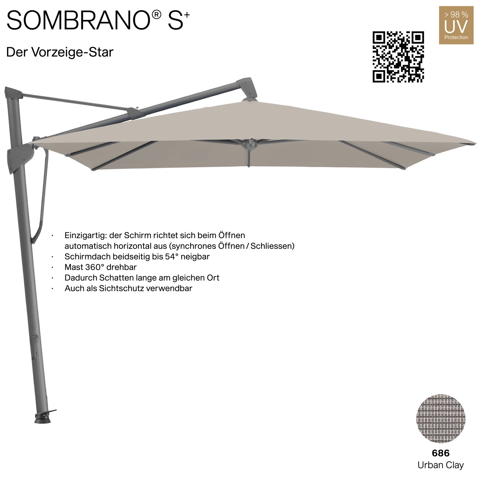 GLATZ Ampelschirm SOMBRANO® S+ quadratisch 300 x 300 cm Freiarmschirm Farbe 686 Urban Clay