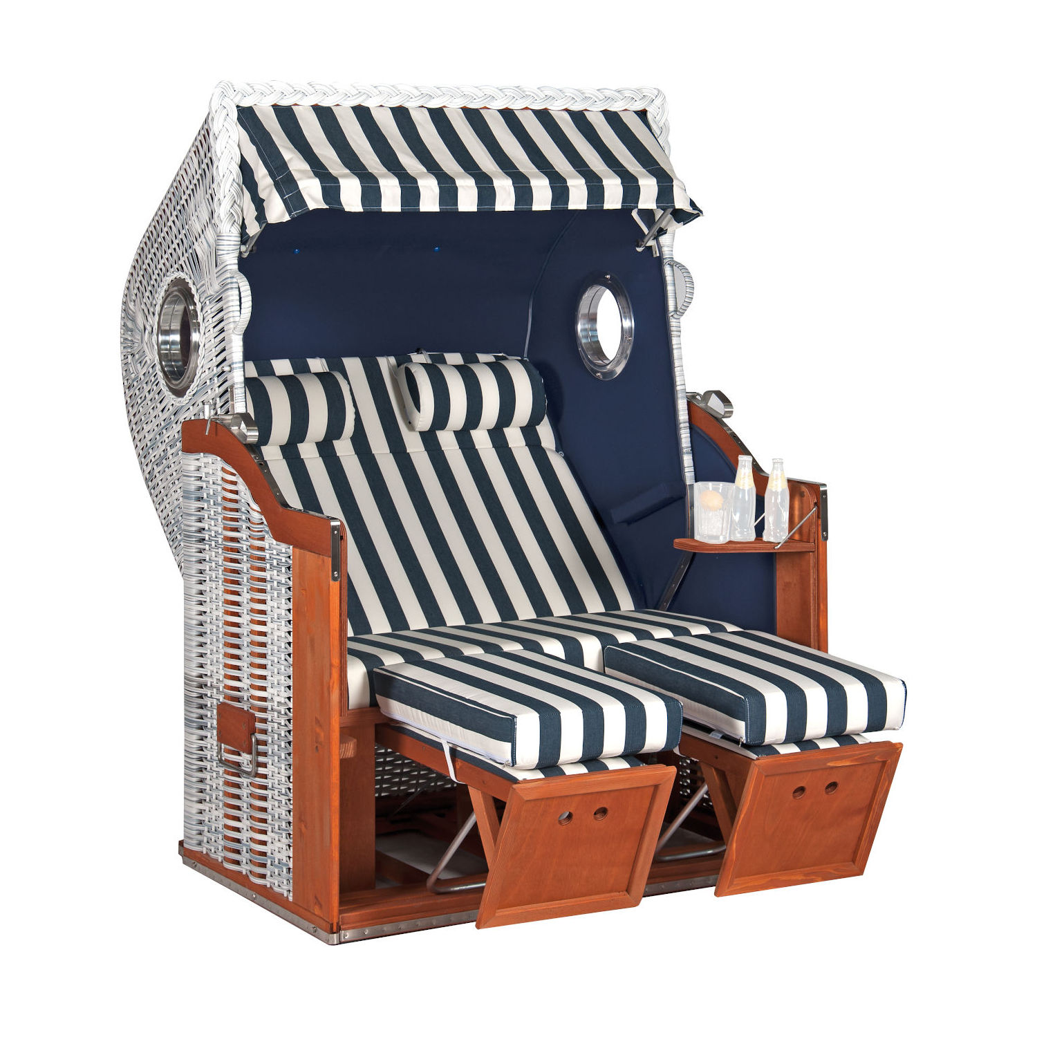 Sonnenpartner Classic 2-Sitzer Strandkorb Halbliegemodell Bullaugen azur/weiß