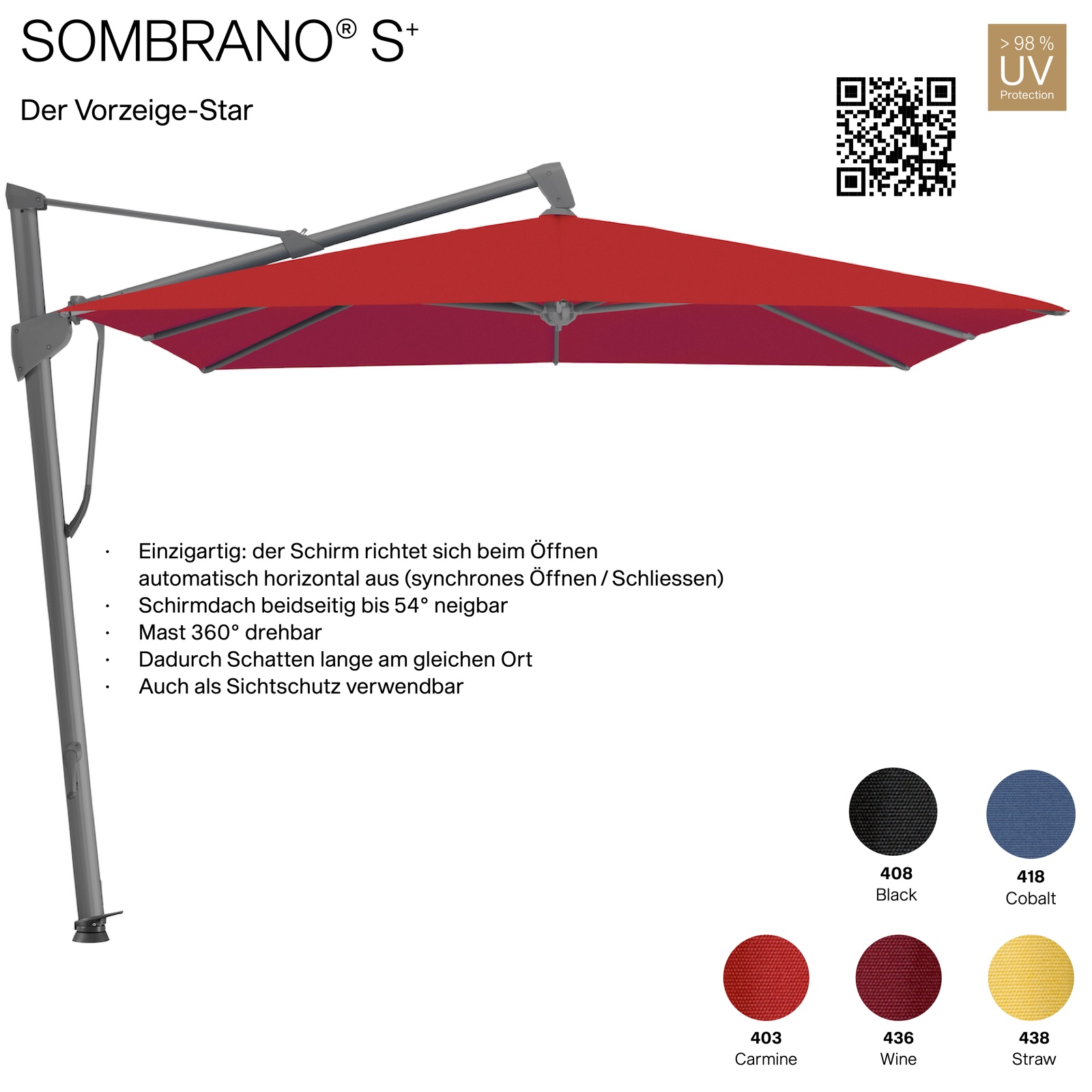 GLATZ Ampelschirm SOMBRANO® S+ quadratisch 350 x 350 cm Freiarmschirm in 5 Farben