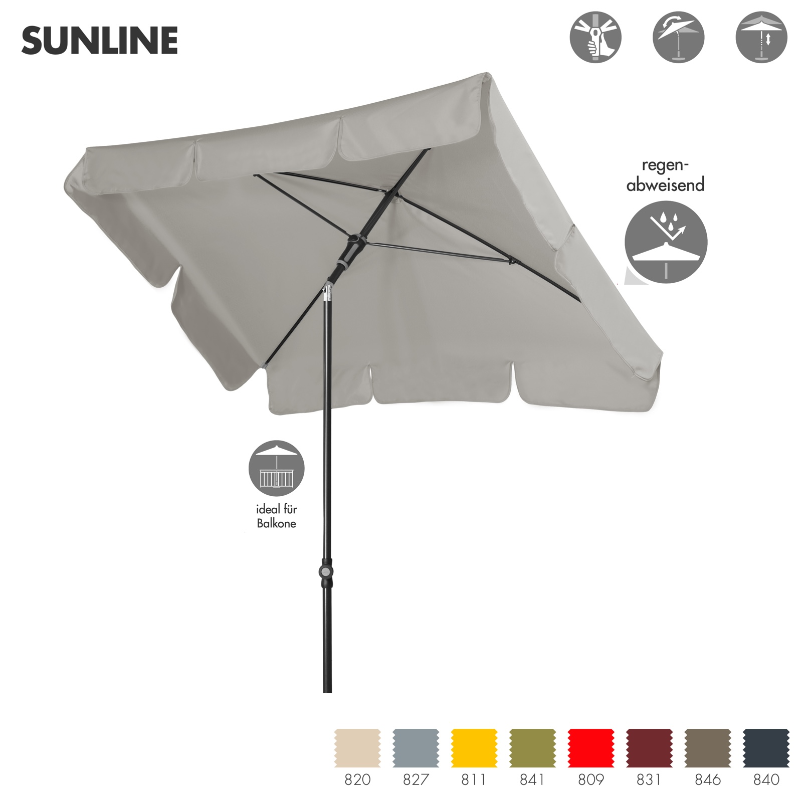 Doppler Sunline Manual Neo Waterproof 185 x 120 cm eckig Sonnenschirm in 8 Farben Mittelmastschirm Balkonschirm