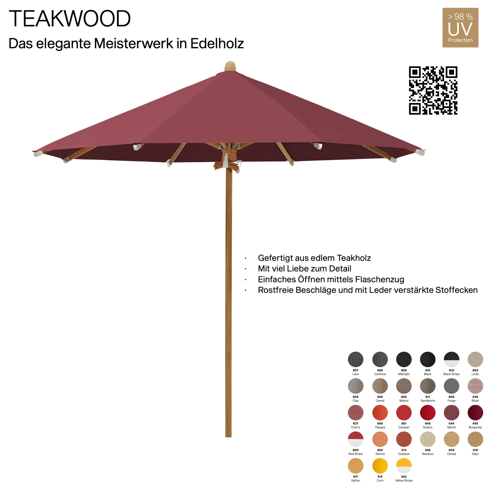 GLATZ Sonnenschirm TEAKWOOD rund 300 cm Mittelmastschirm 27 Farbvarianten