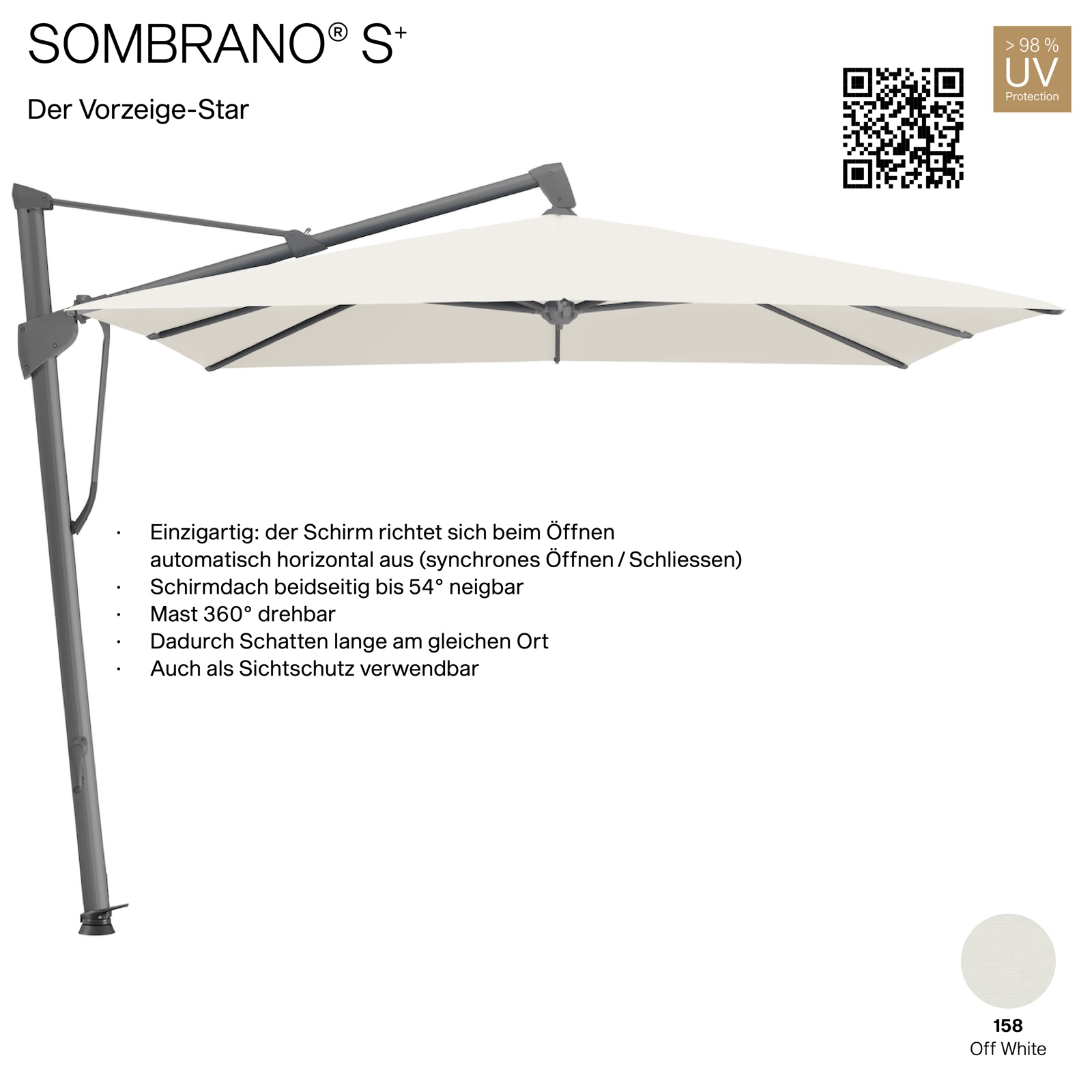 GLATZ Ampelschirm SOMBRANO® S+ quadratisch 350 x 350 cm Freiarmschirm Farbe 158 Off White