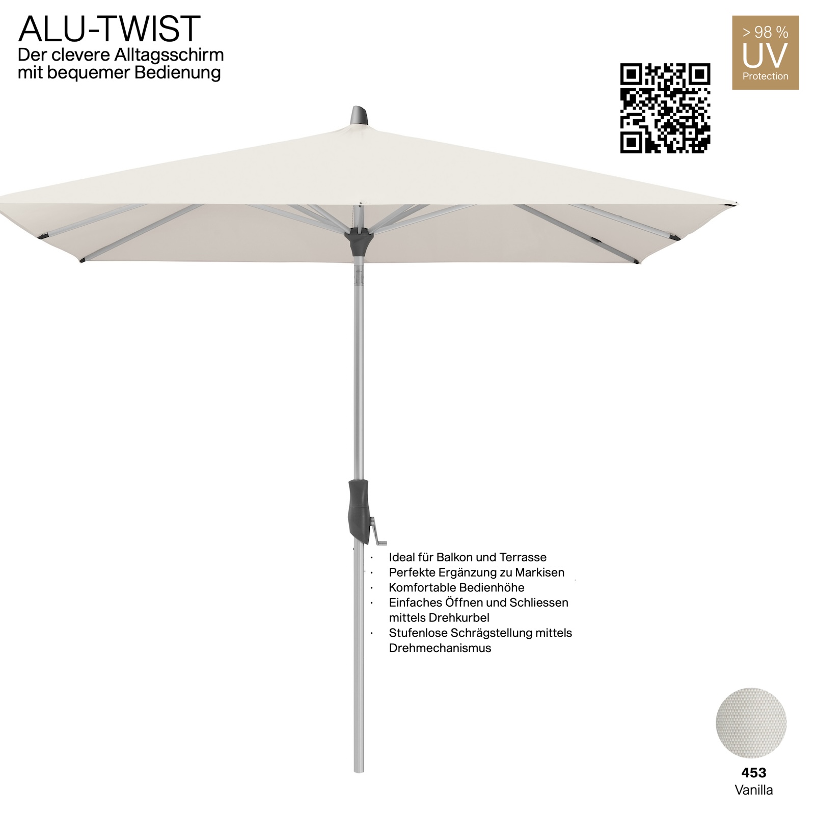 GLATZ Sonnenschirm ALU-TWIST quadratisch 240 x 240 cm Stoffqualität 4 Farbe 453 Vanilla Mittelstock