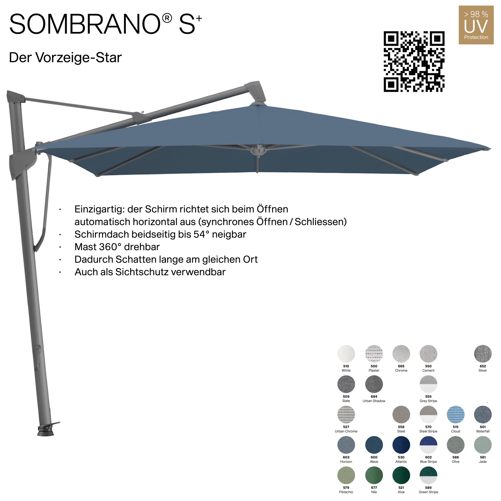 GLATZ Ampelschirm SOMBRANO® S+ quadratisch 300 x 300 cm Freiarmschirm in 23 Farben wählbar