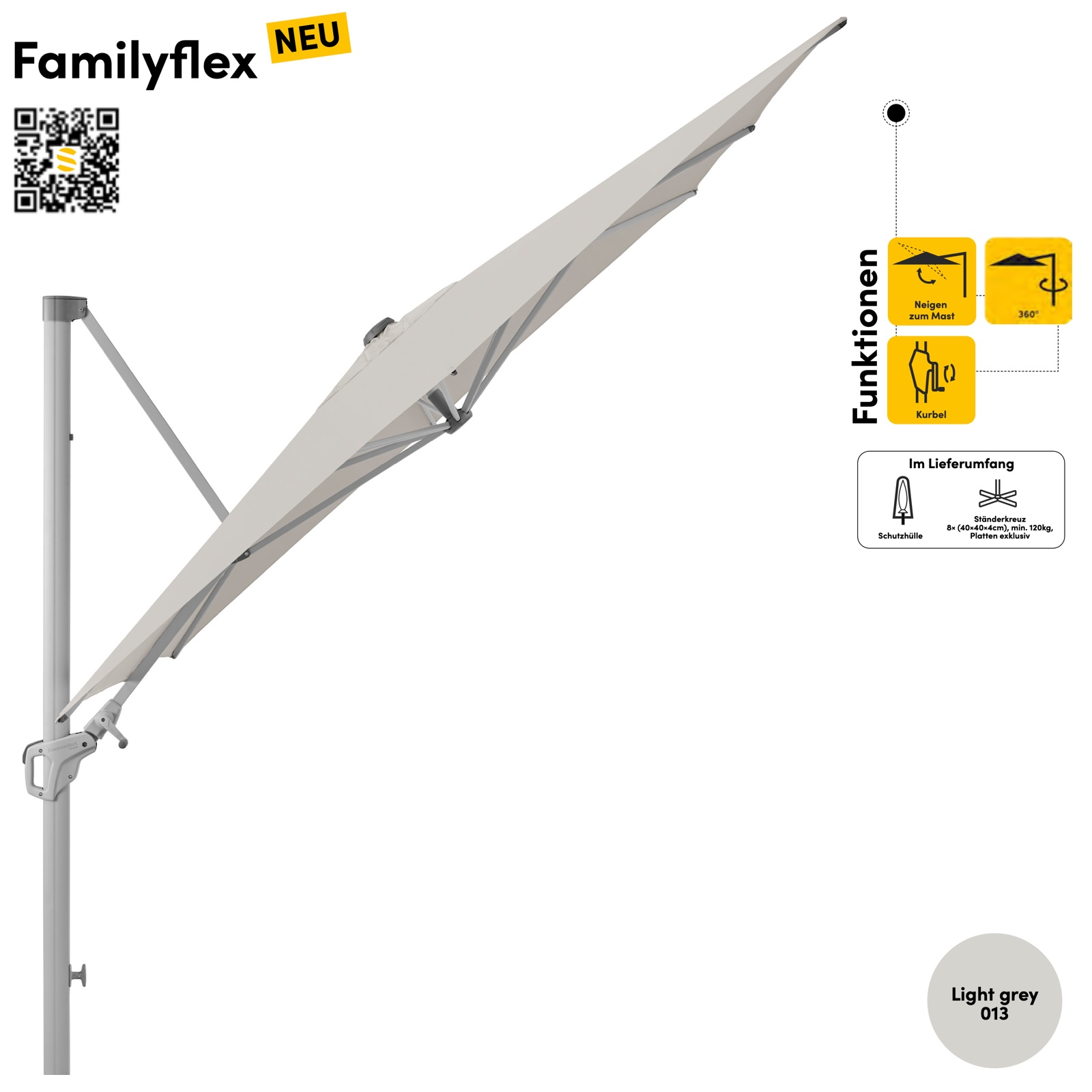 Sonnenschirm SUNCOMFORT® by Glatz Familyflex quadratisch 250 x 250 cm Seitenmastschirm Light Grey 013