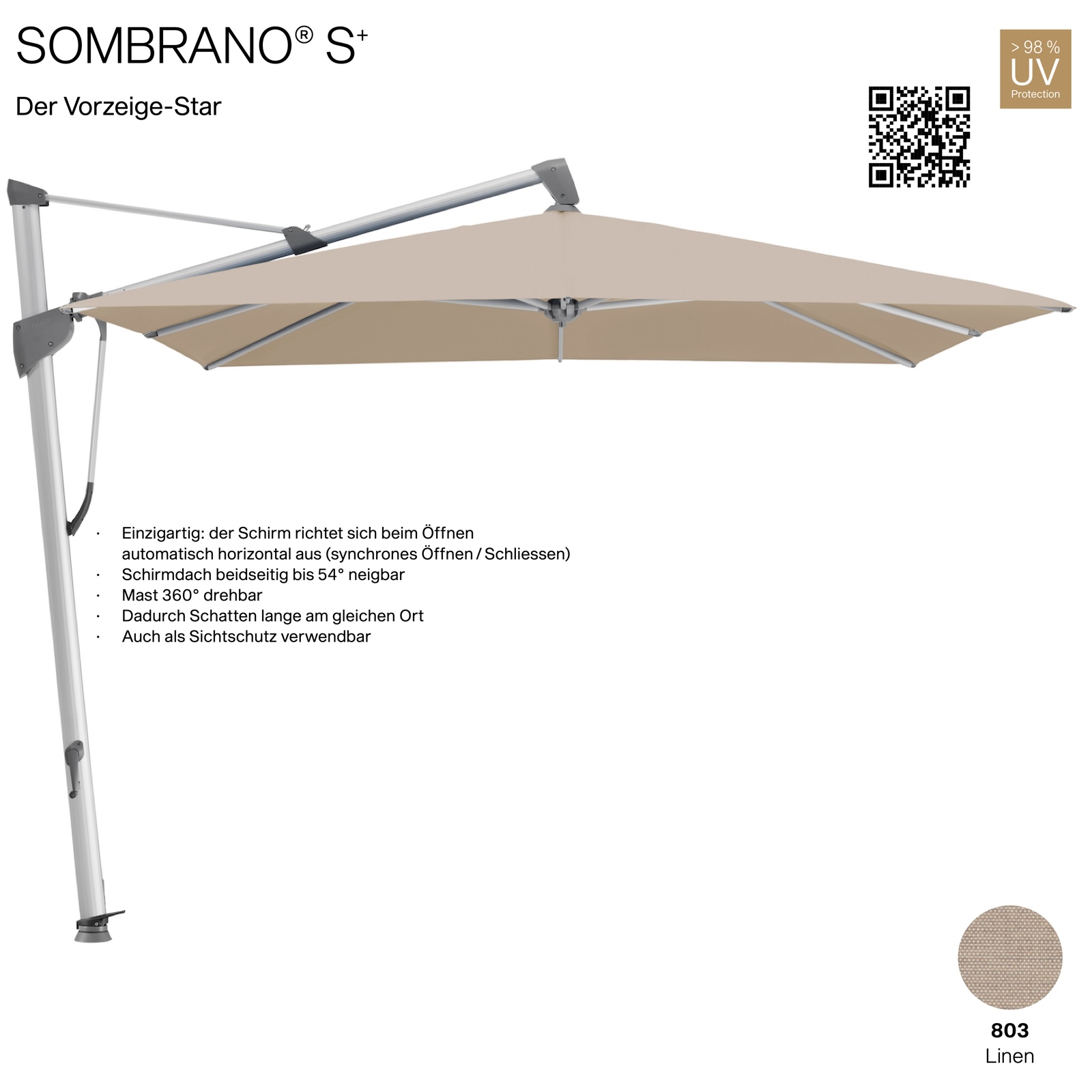 GLATZ Ampelschirm SOMBRANO® S+ quadratisch 300 x 300 cm Freiarmschirm Farbe 803 Linen