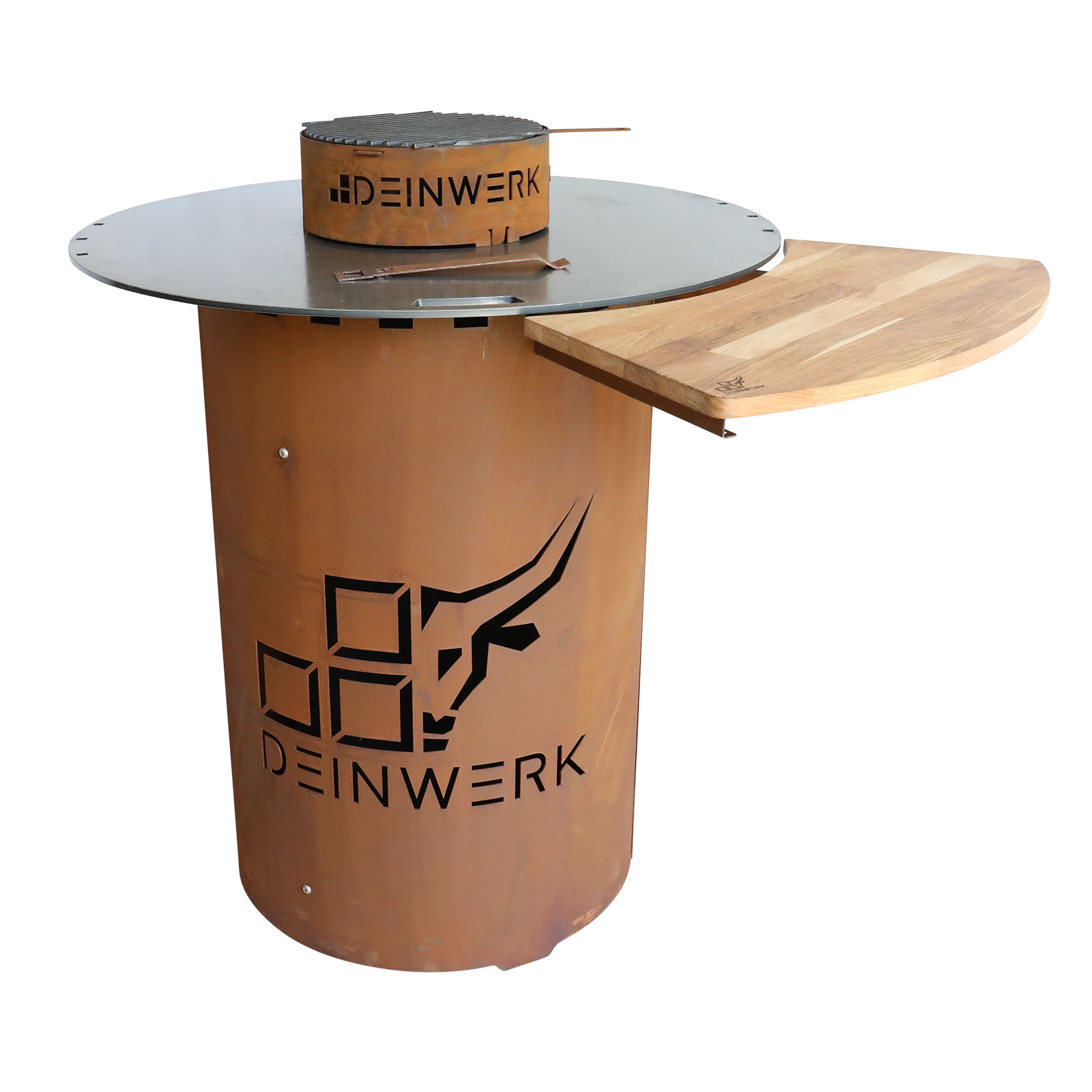 DEINWERK Grillfass-Set Grilltonne aus Corten mit Plancha, Grillrost, Wok-Aufsatz und Anstecktisch DEINWERK Grillfass-Set Grilltonne aus Corten mit Plancha, Grillrost, Wok-Aufsatz und Anstecktisch