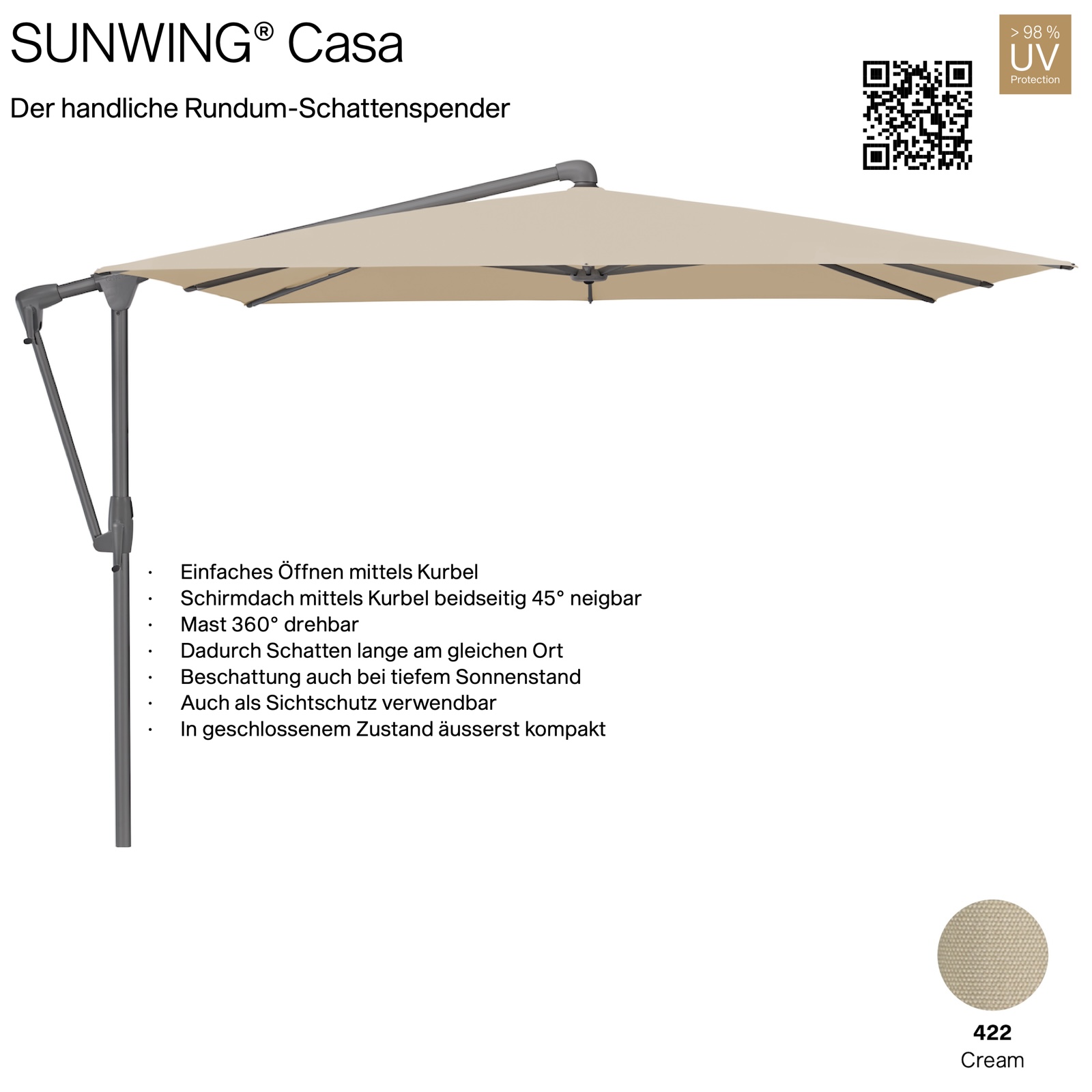 GLATZ Sonnenschirm SUNWING® CASA quadratisch 270 x 270 cm Gestell anthrazit Farbe 422 Cream Ampelschirm