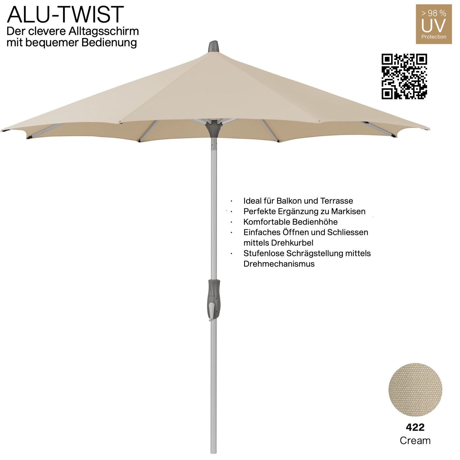 GLATZ Sonnenschirm ALU-TWIST rund ø 300 cm Stoffqualität 4 Farbe 422 Cream Mittelstock