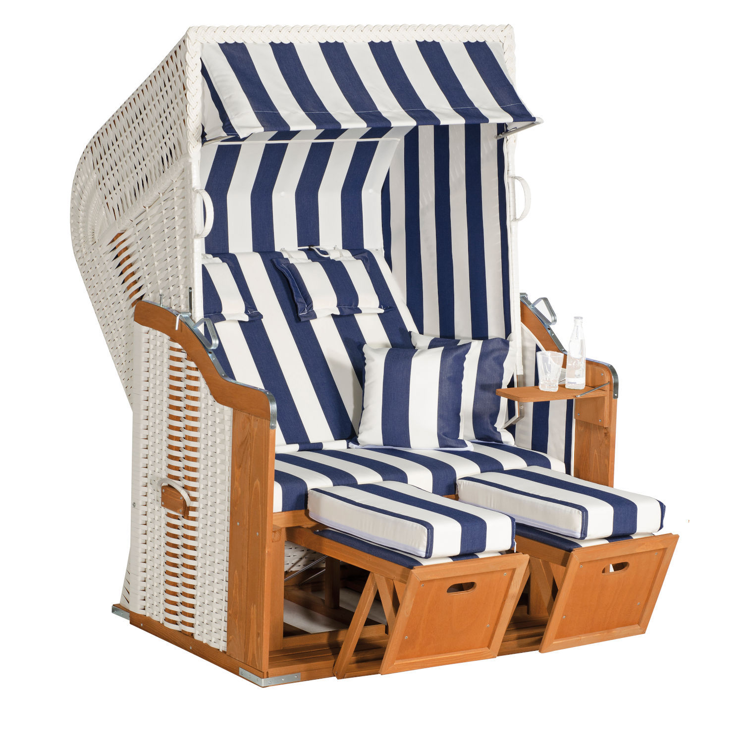 SunnySmart Rustikal Garten-Strandkorb 250 PLUS 2-Sitzer weiß/blau mit Kissen