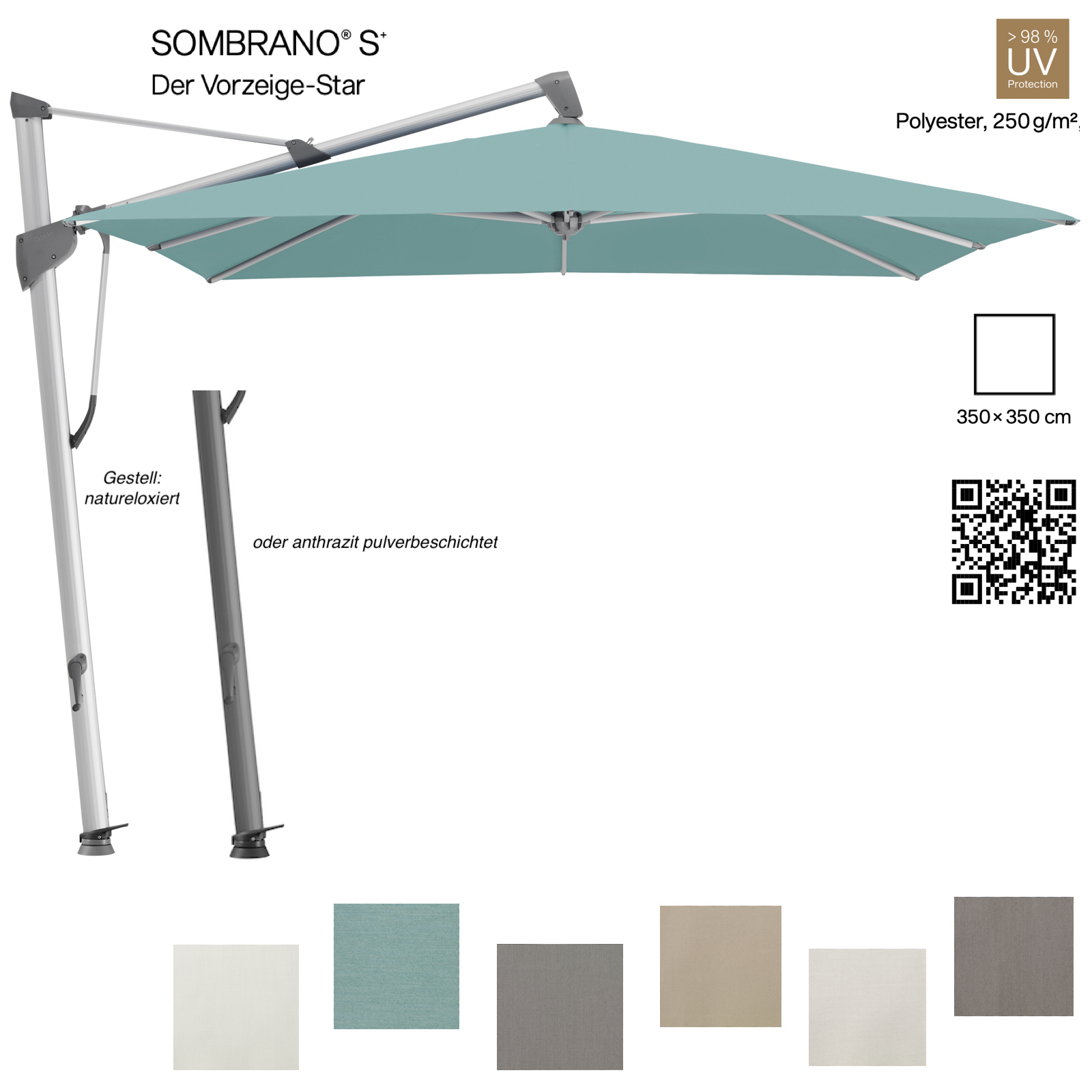 GLATZ Ampelschirm SOMBRANO® S+ quadratisch 350 x 350 cm in 6 Farben Stoffklasse 4 Sonnenschirm GLATZ Ampelschirm SOMBRANO® S+ quadratisch 350 x 350 cm in 6 Farben Stoffklasse 4 Sonnenschirm