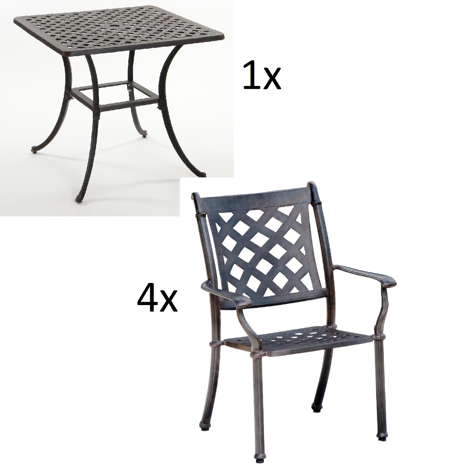 Inko 5-teilige Sitzgruppe Aluminium Guss bronze Tisch 80x80cm mit 4 Sesseln